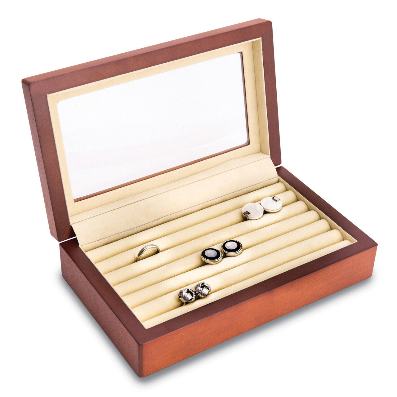 Cherry Black Wood Cufflink Box with Glass Top & Velour Lining GM13306