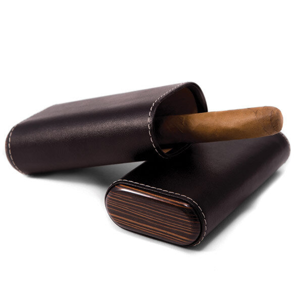 Black Leather with Ebony Wood &amp; Cedar Lined Three Cigar Holder GM13366
