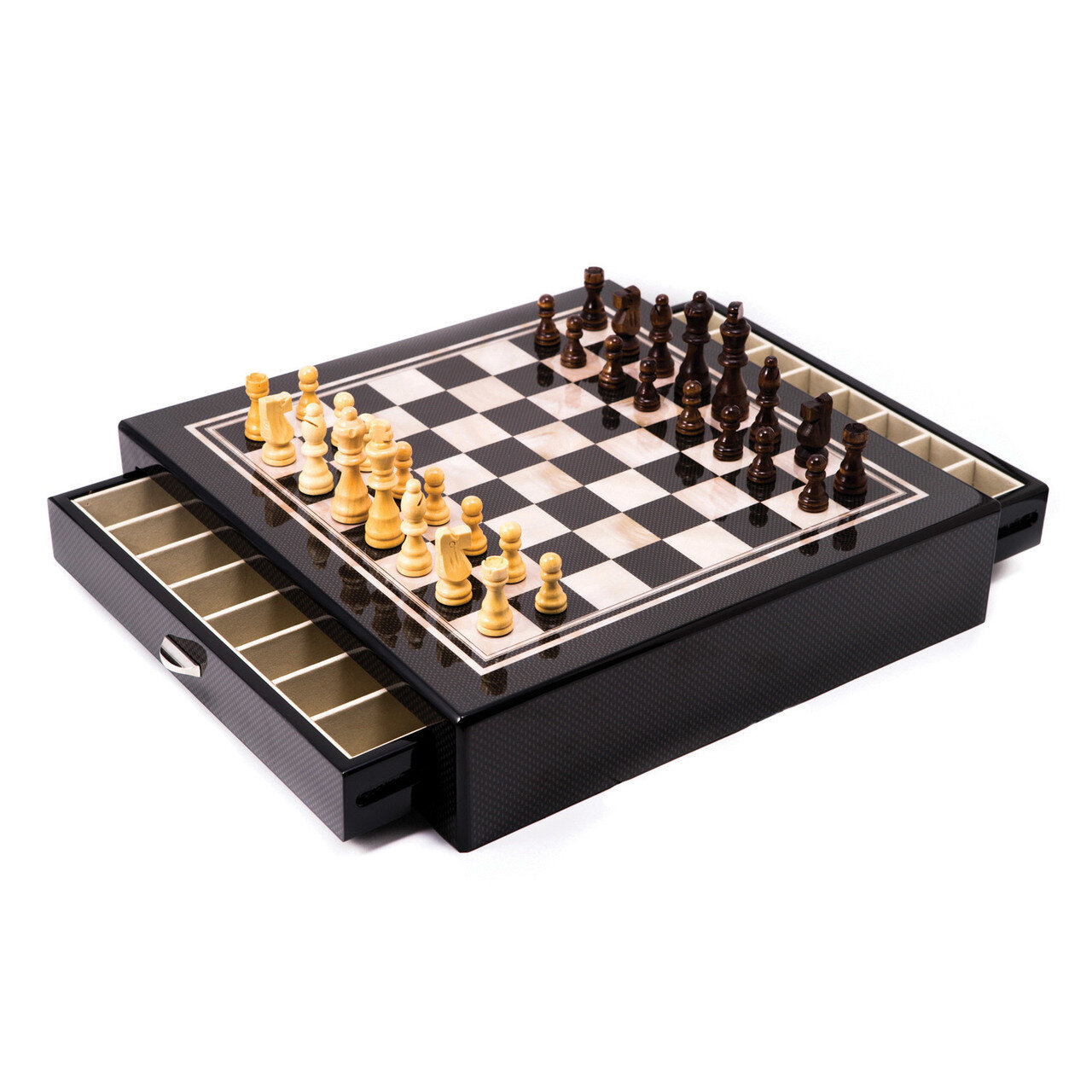 Carbon Fiber & Mother of Pearl Design Chess Set with Accessory Drawers GM13393