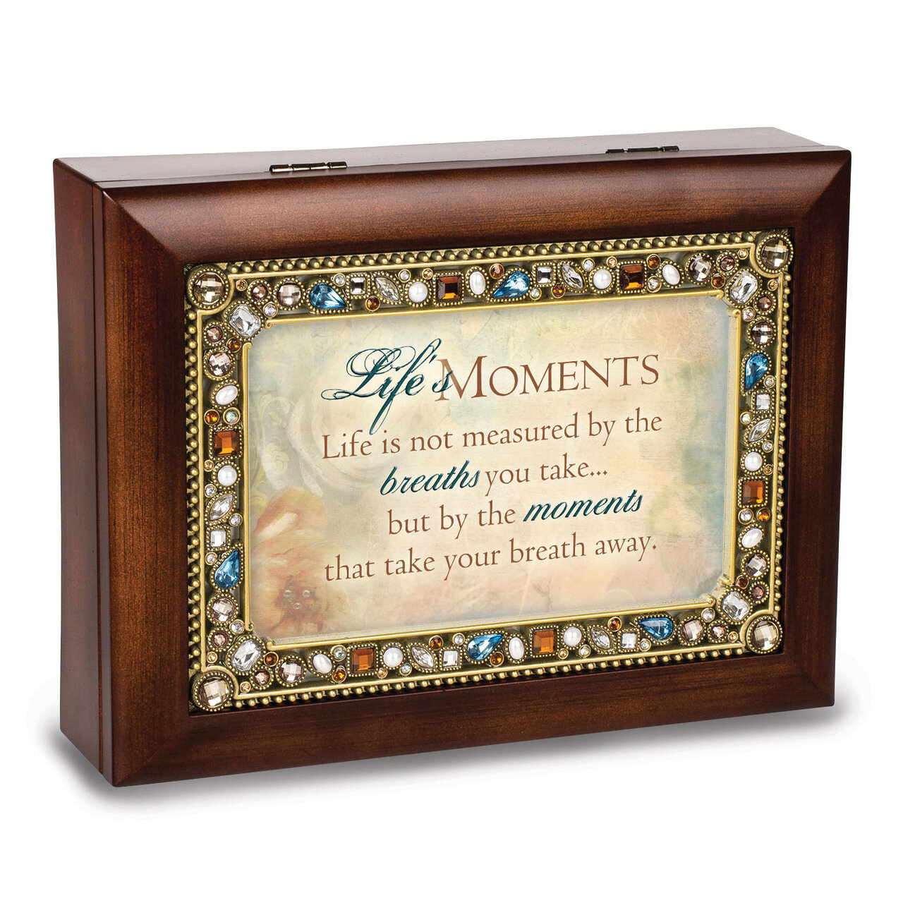 Lifes Moments Sentiment Jeweled Woodgrain Music Box GM14466