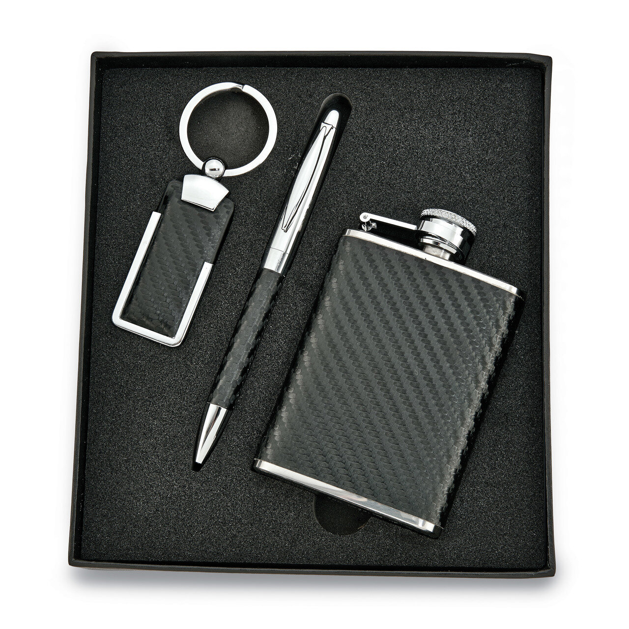 Faux Leather Key Ring, Pen and Flask Gift Set GM16925
