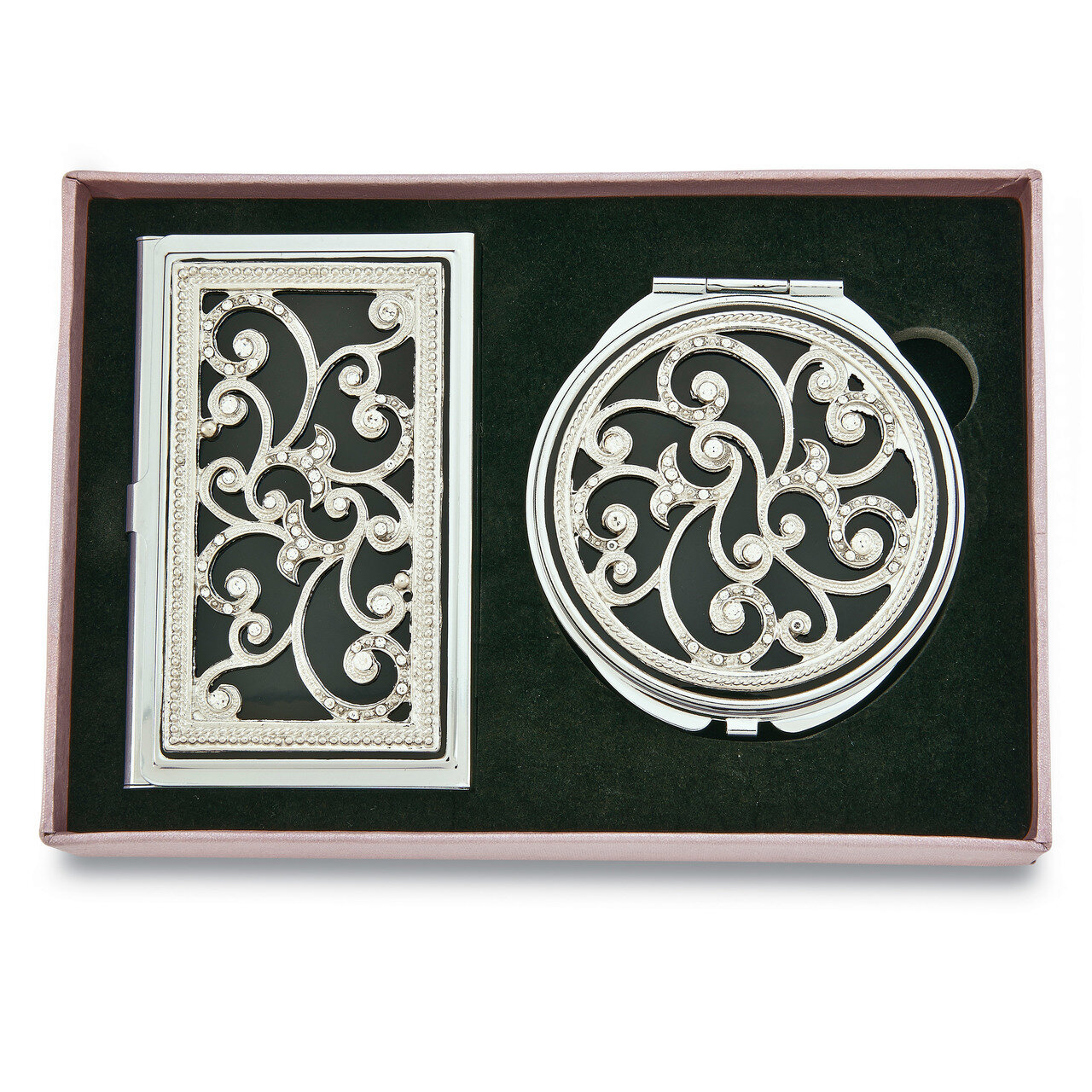 Swirl Crystal/Black Enamel Card Case and Mirror Gift Set GM16940