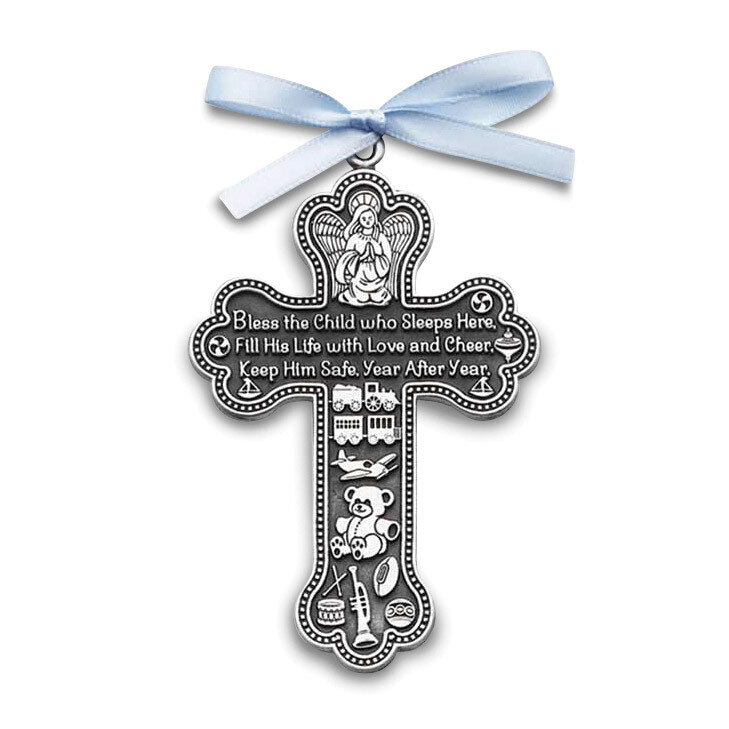 Baby Boy with Blue Ribbon Crib Cross Ornament Silver-tone GM17293