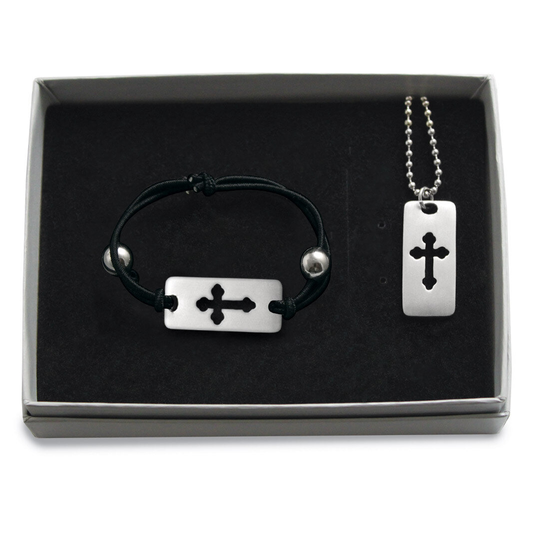 Cut-out Cross on Bracelet and Dog Tag 18in Necklace Set Silver-tone GM17341, MPN: GM17341, 78552525…