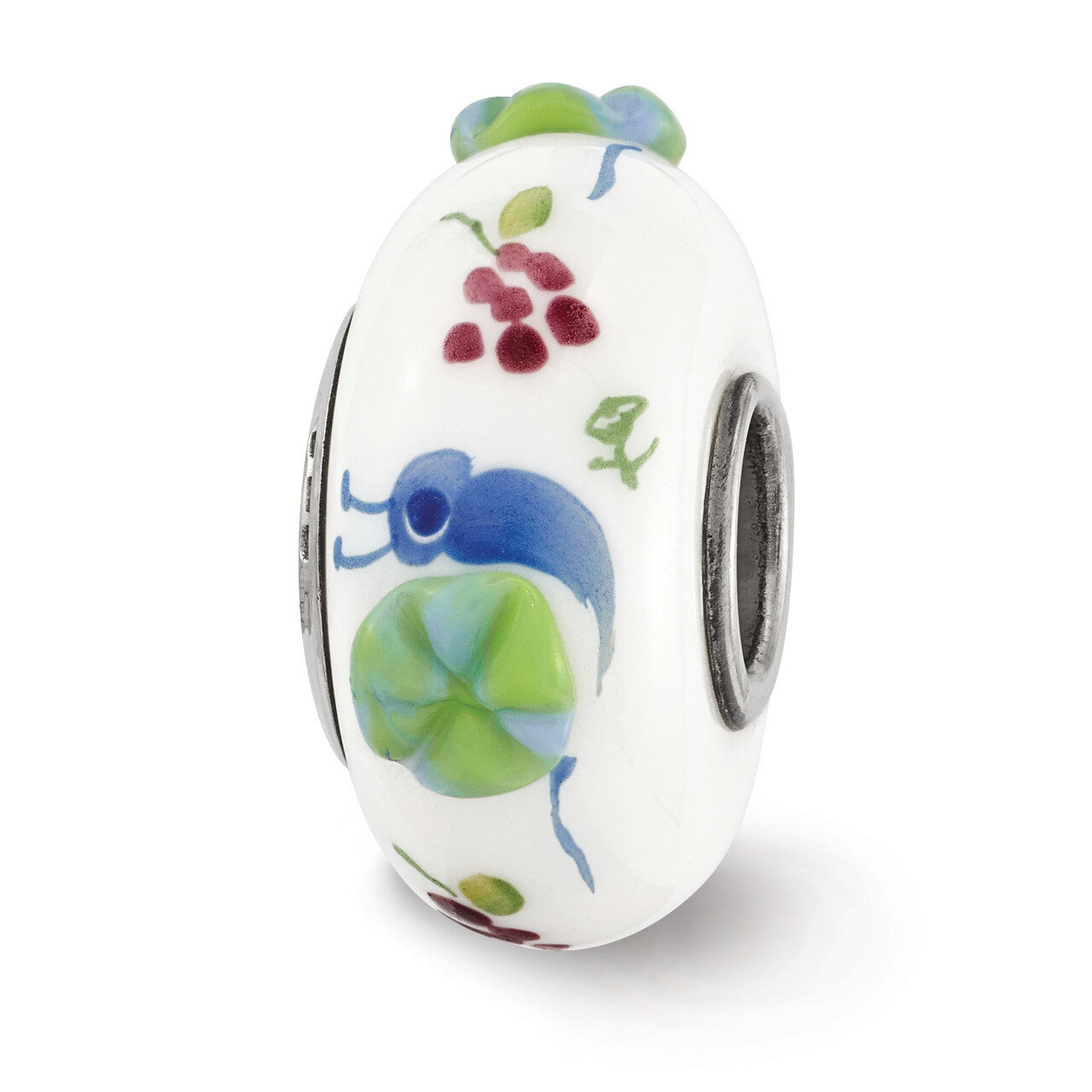 Snails &amp; Grapes Fenton Glass Bead Sterling Silver Hand Painted QRS3589