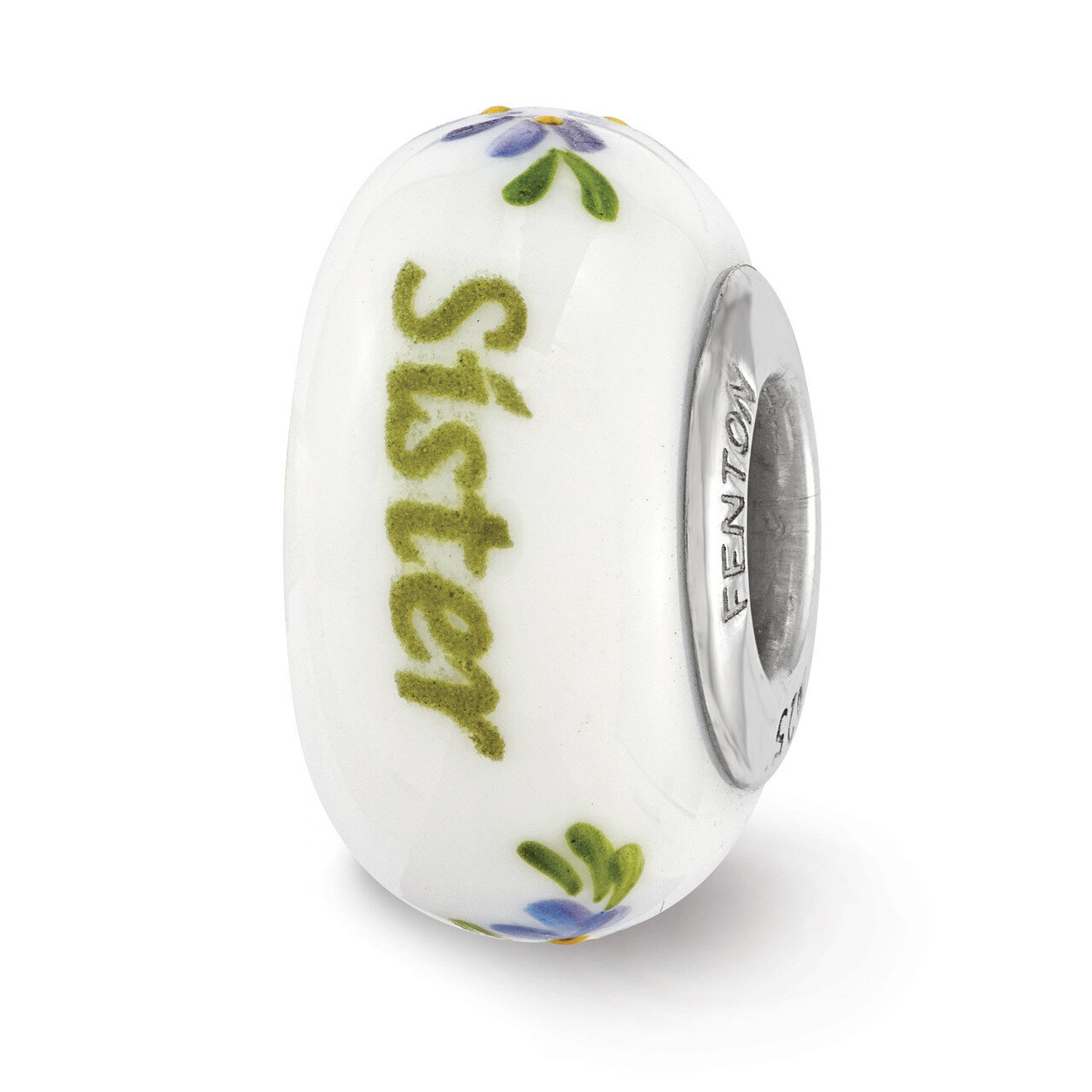 White Sister Floral Fenton Glass Bead Sterling Silver Hand Painted QRS3601