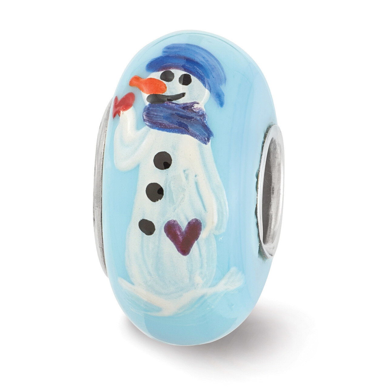 Blue Snowman Fenton Glass Bead Sterling Silver Hand Painted QRS3614