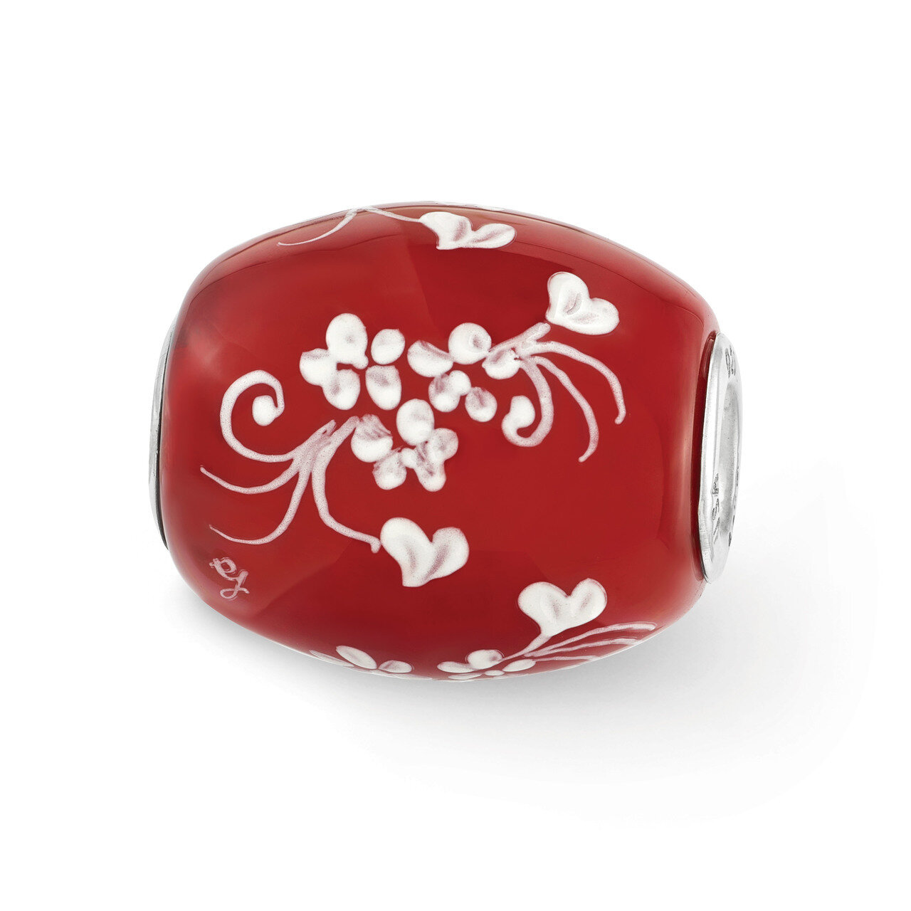 Red Floral Hearts Fenton Glass Bead Sterling Silver Hand Painted QRS3650