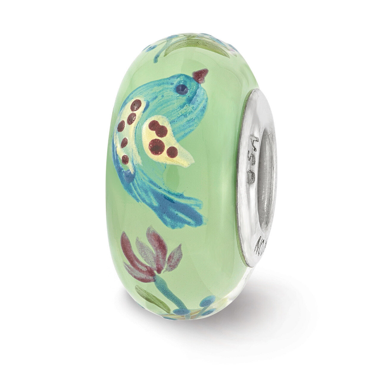 Green Calico Bird Fenton Glass Bead Sterling Silver Hand Painted QRS3653, MPN: QRS3653, 19727655424