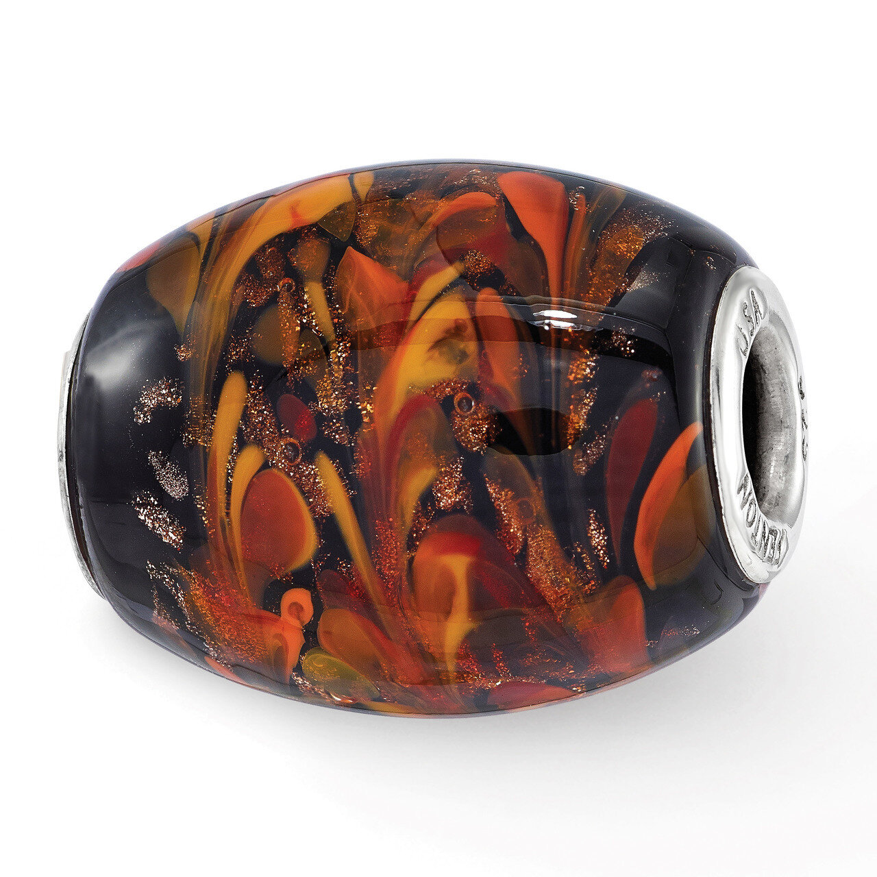 Black &amp; Orange Autumn Fires Fenton Glass Bead Sterling Silver QRS3701, MPN: QRS3701, 19727656612