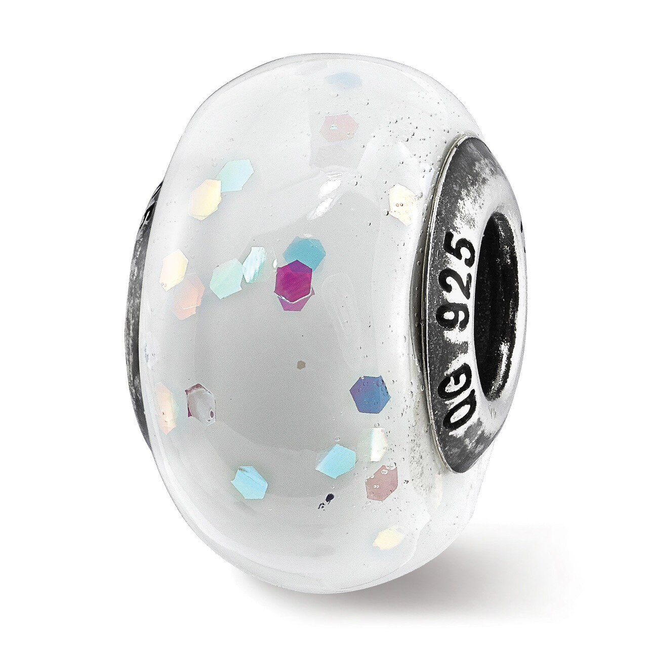 White Glitter Italian Glass Bead Sterling Silver QRS3718, MPN: QRS3718,
