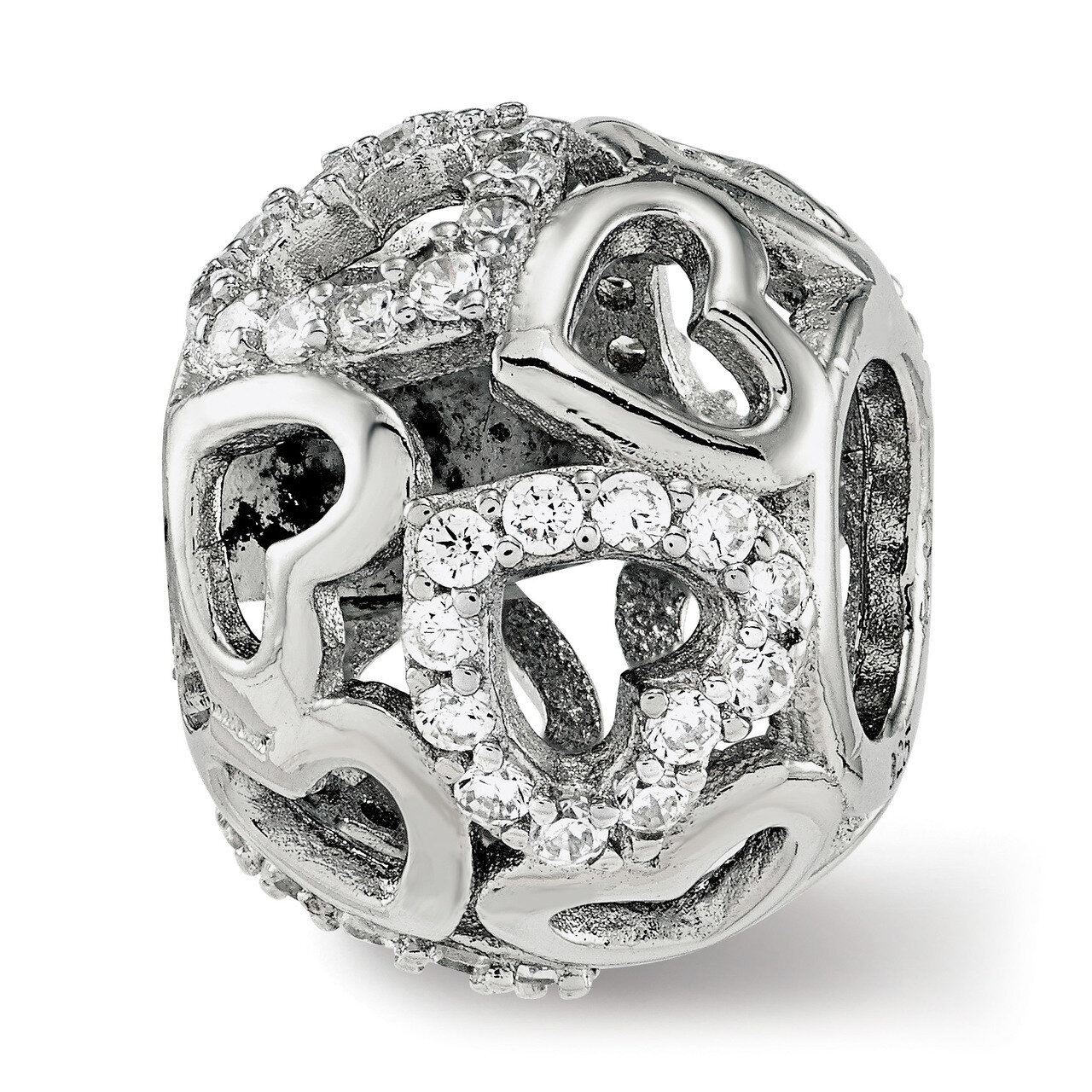 Polished CZ Hearts Bead Sterling Silver QRS3730, MPN: QRS3730, 191101789076