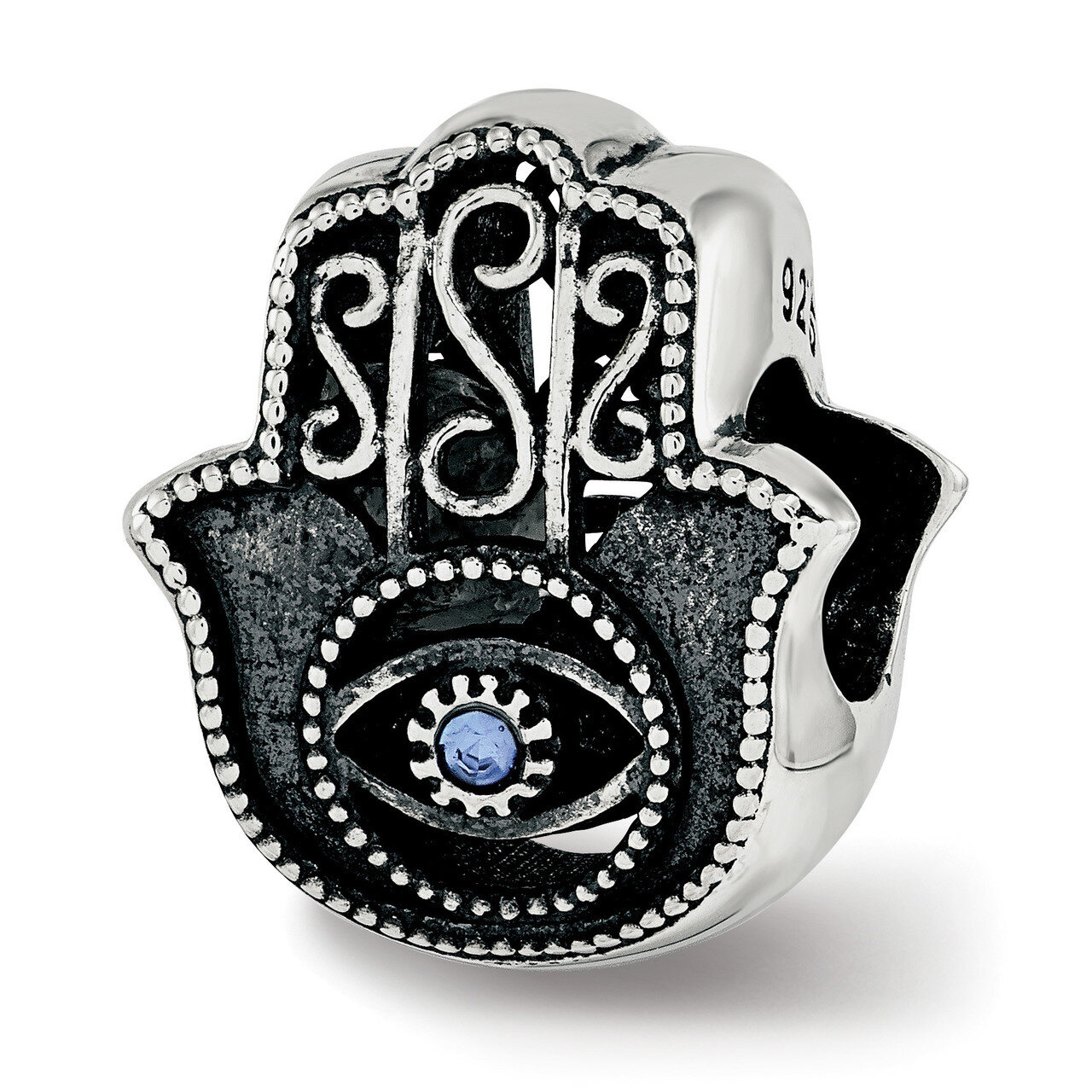 Antiqued Blue Crystal Hamsa Bead Sterling Silver QRS3766, MPN: QRS3766,