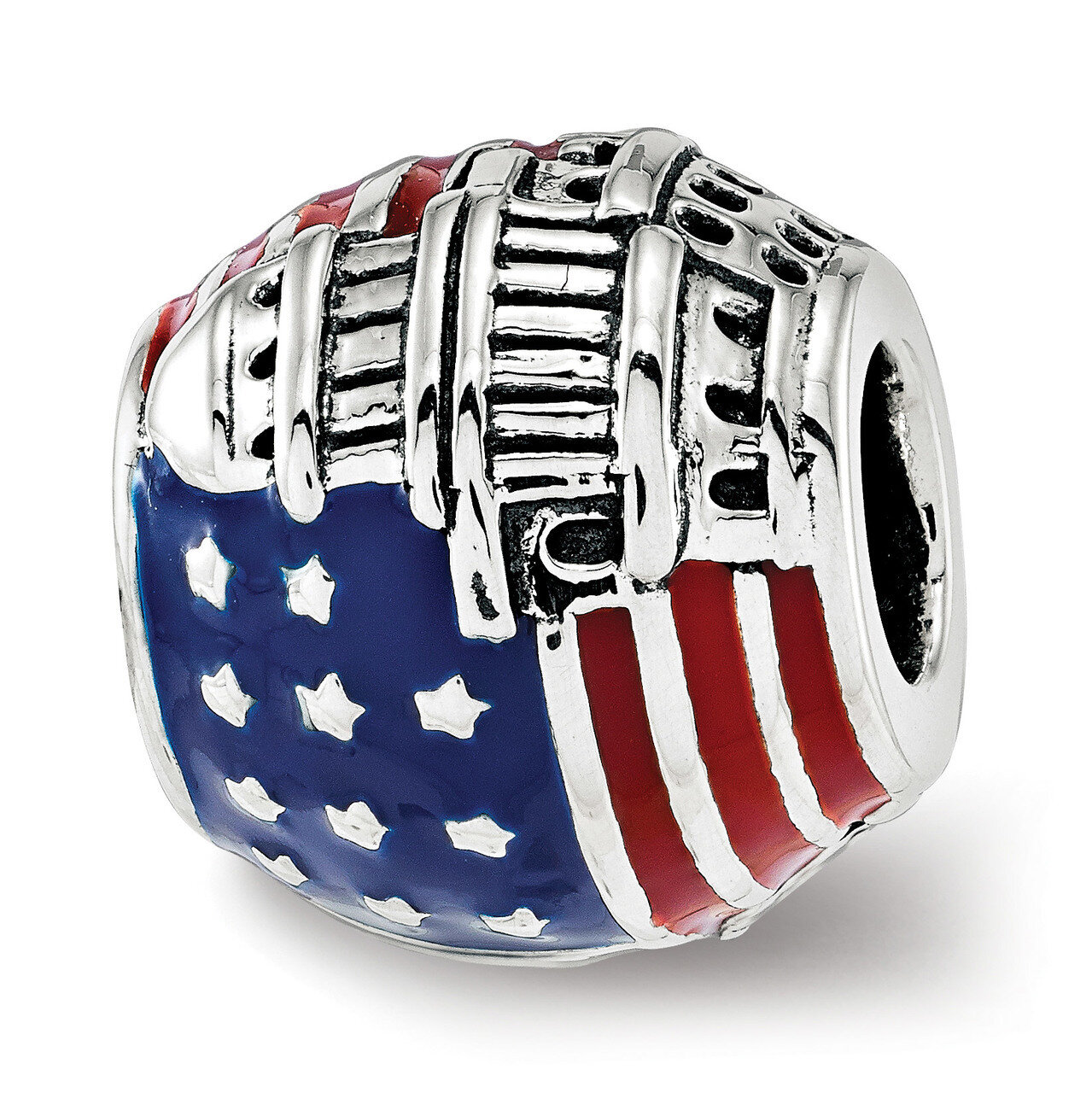 Enameled American Flag Bead Sterling Silver QRS3772