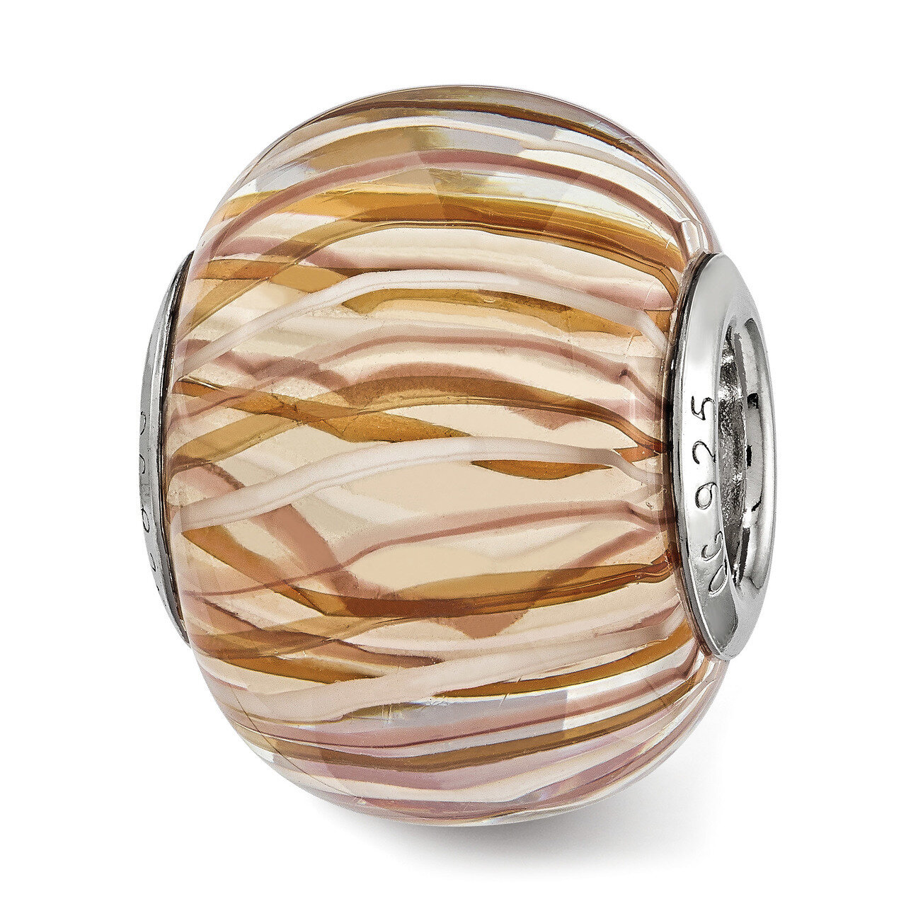 Brown and White Striped Glass Bead Sterling Silver QRS3823, MPN: QRS3823,
