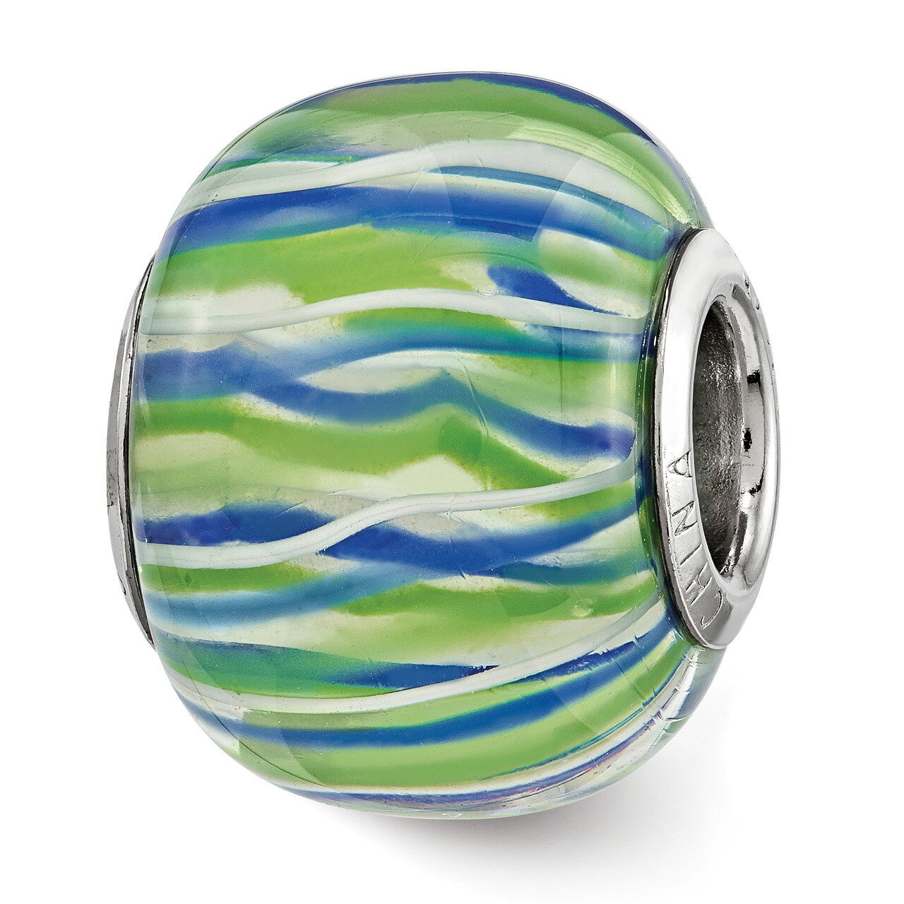 Blue, Green and White Striped Glass Bead Sterling Silver QRS3825, MPN: QRS3825,