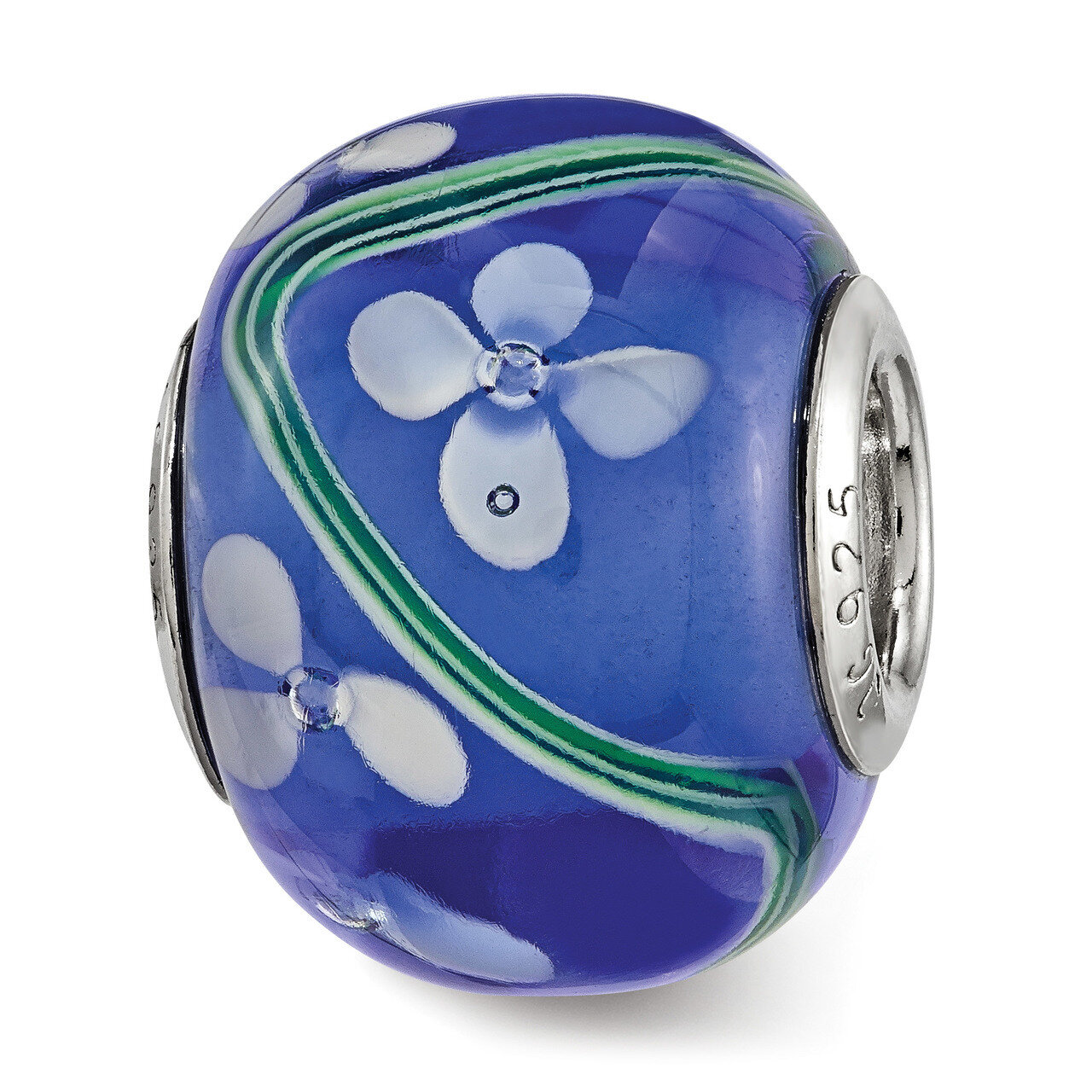White Floral Blue Glass Bead Sterling Silver QRS3827