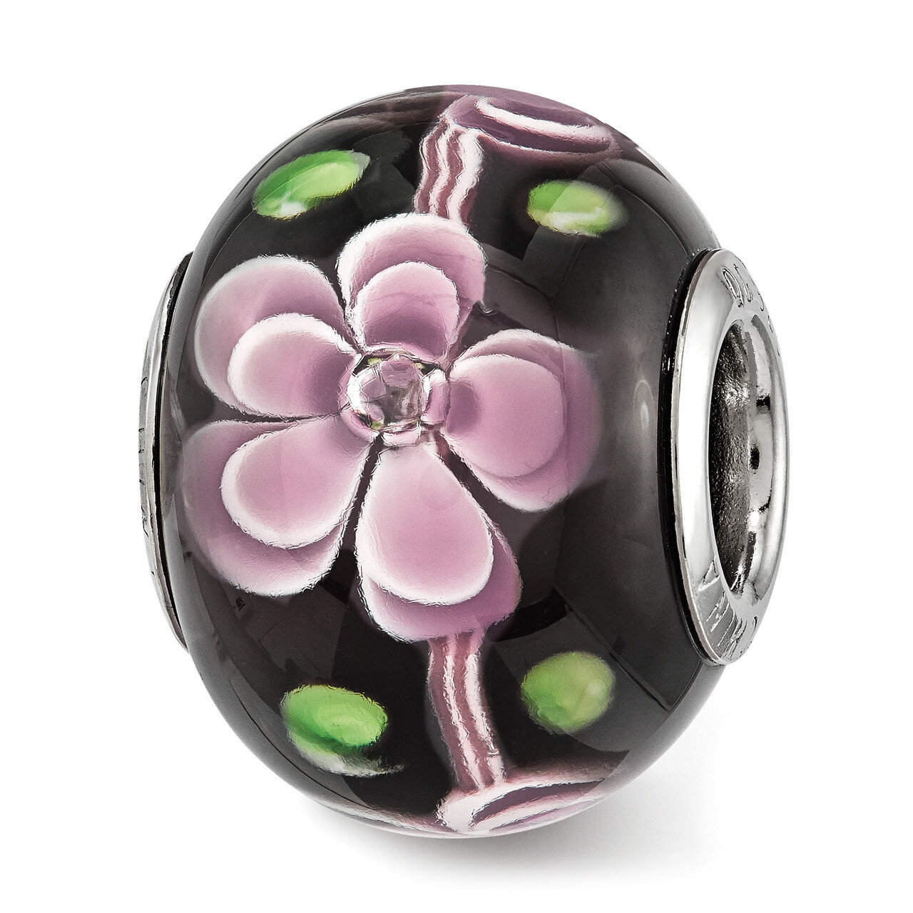 Pink and Green Floral Black Glass Bead Sterling Silver QRS3828, MPN: QRS3828,