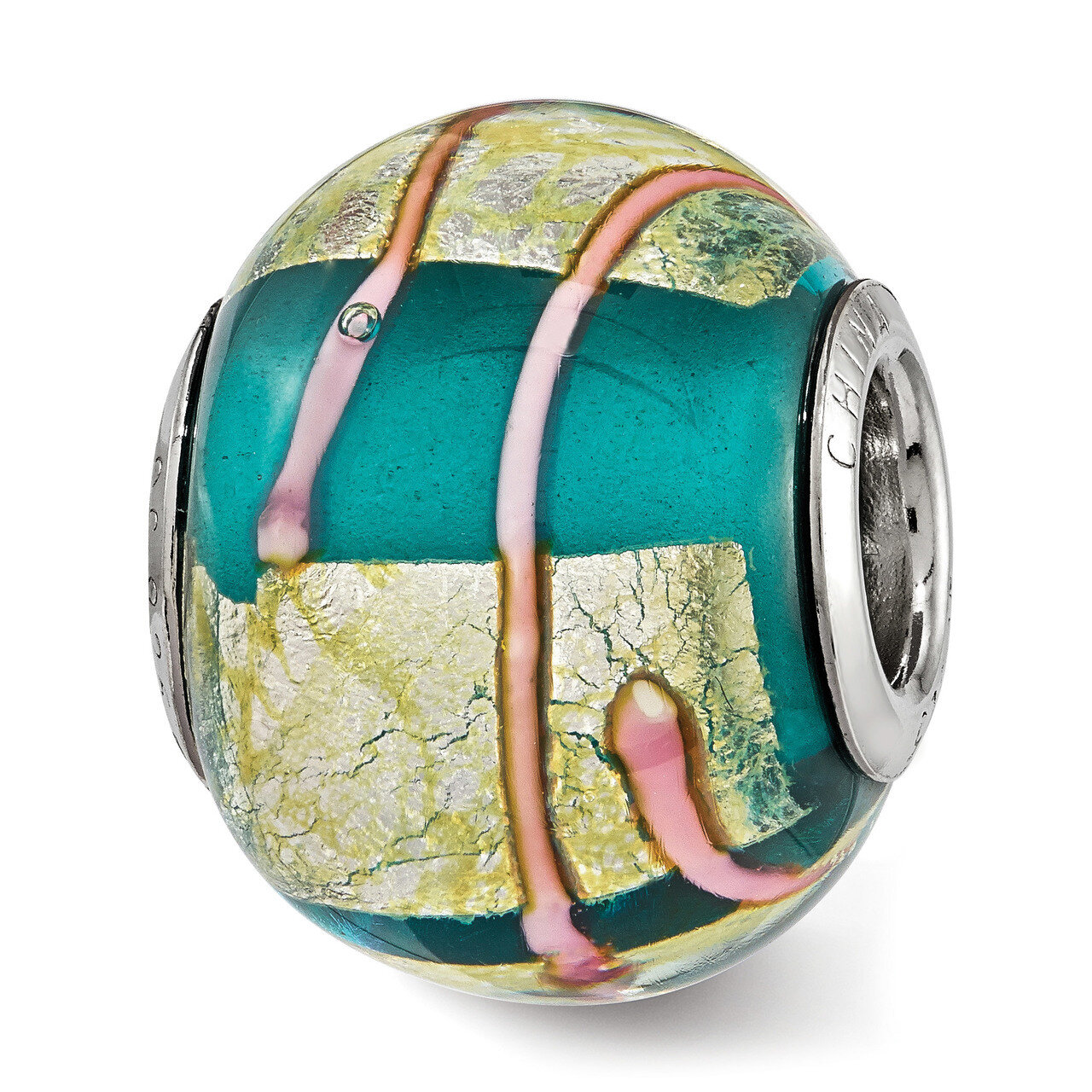 Foil Pink Striped Blue Glass Bead Sterling Silver QRS3839, MPN: QRS3839,