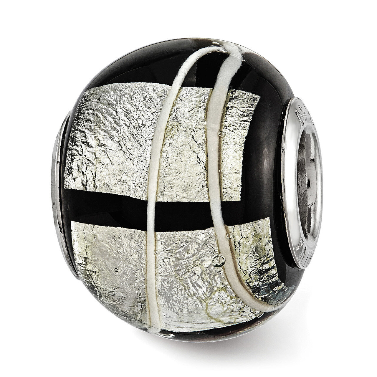 Foil White Striped Black Glass Bead Sterling Silver QRS3840, MPN: QRS3840,