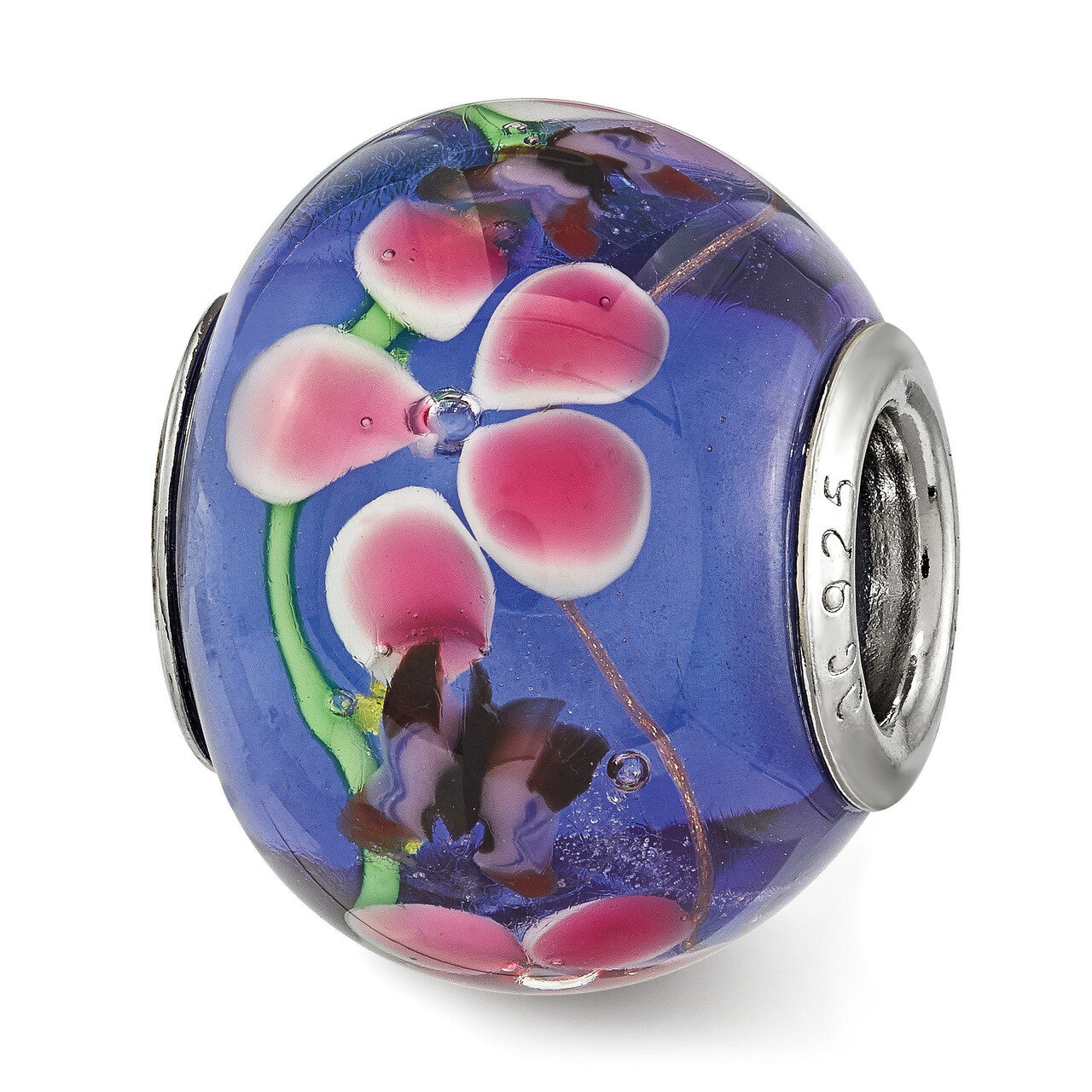 Butterfly Pink Floral Blue Glass Bead Sterling Silver QRS3842, MPN: QRS3842,