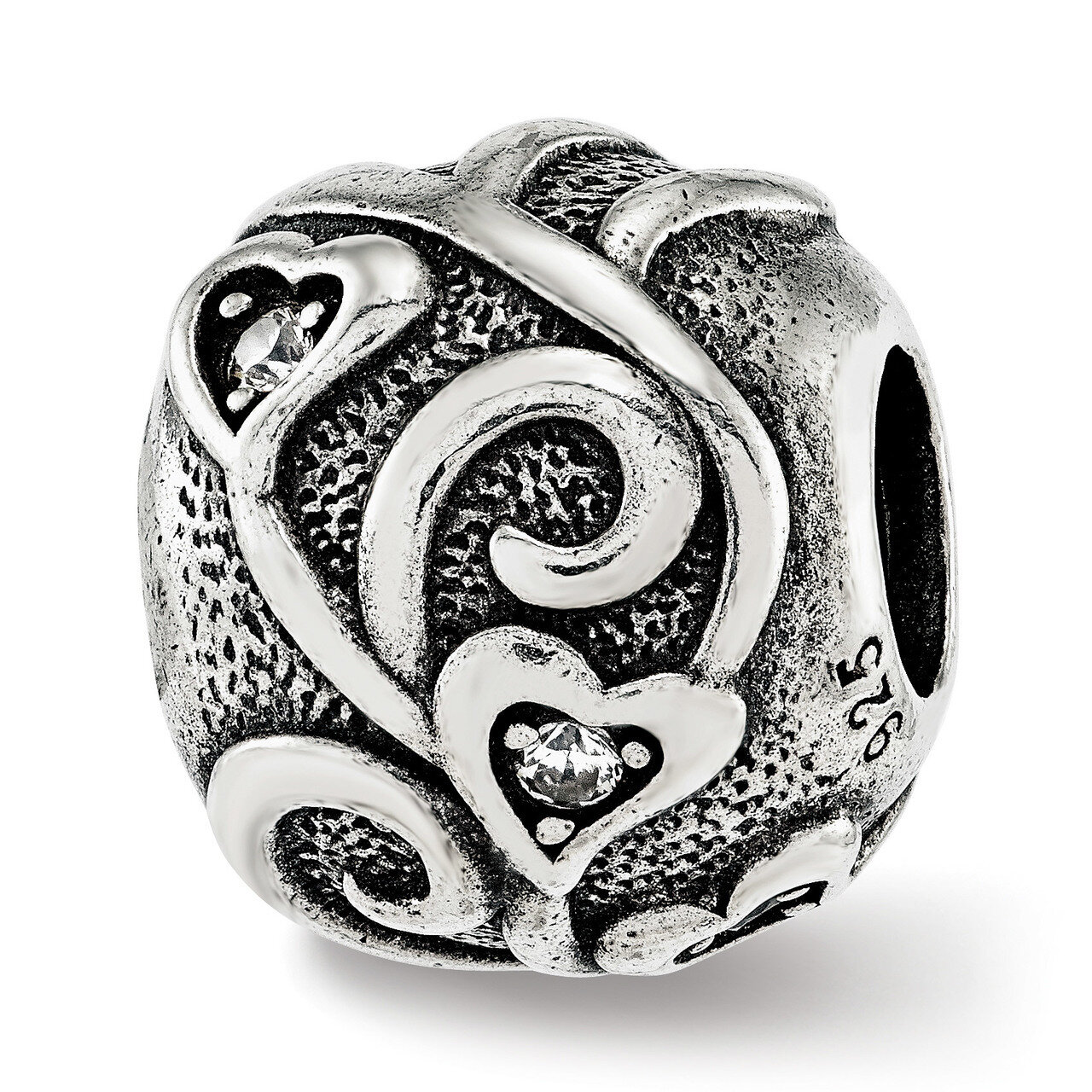 Antiqued CZ Hearts Bead Sterling Silver QRS3849, MPN: QRS3849,