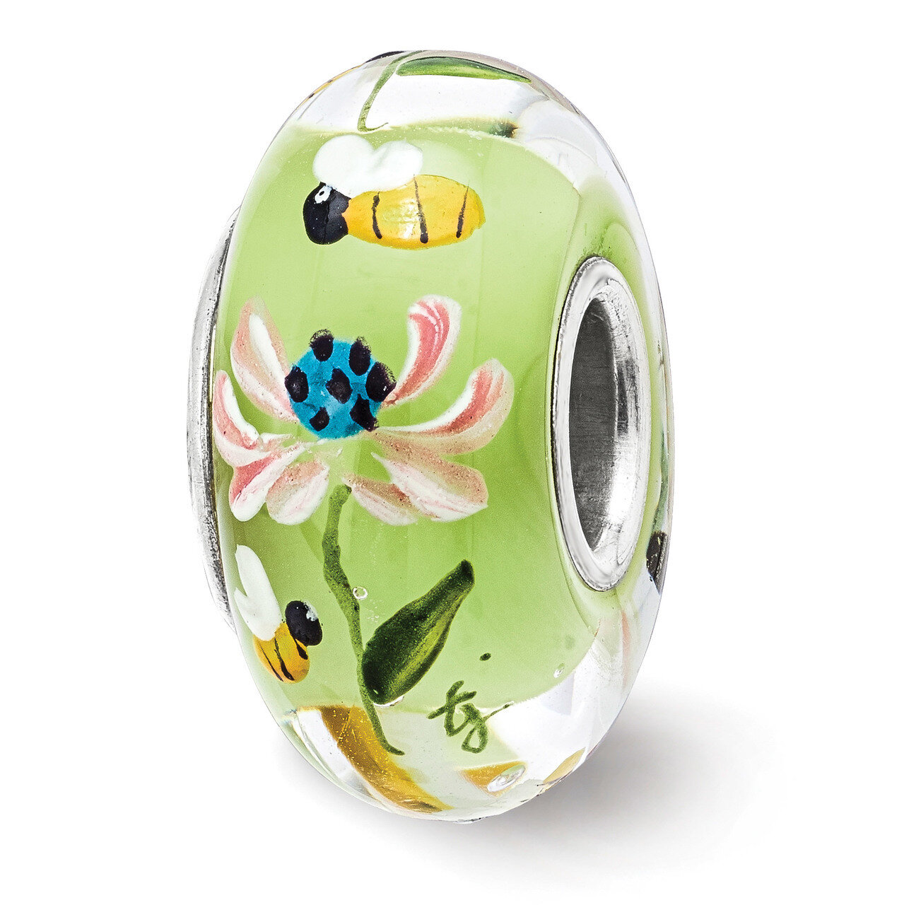 Bumble Bee Love Fenton Glass Bead Sterling Silver Hand Painted QRS3858