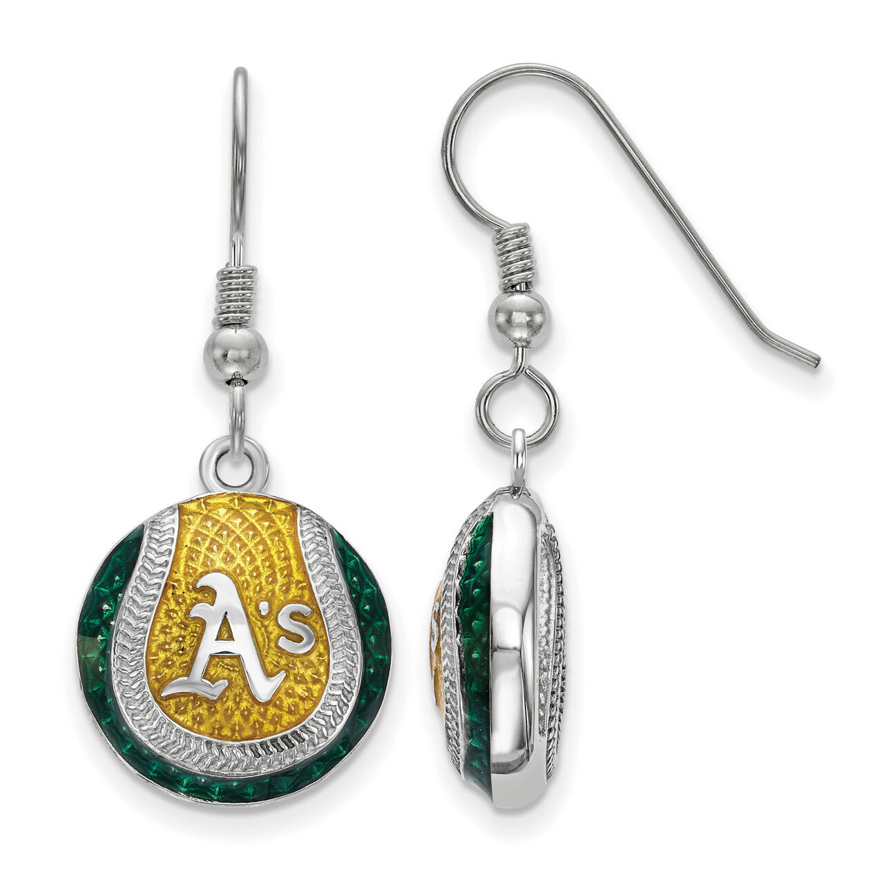 Oakland Athletics Enameled Baseball Dangle Earrings Sterling Silver SS521ATH