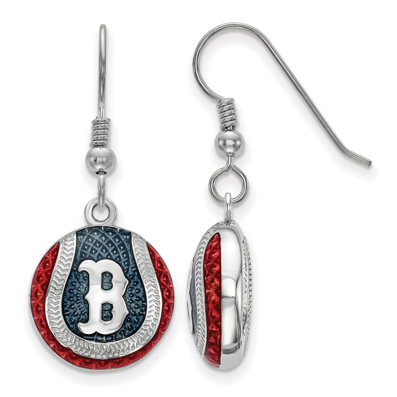 Boston Red Sox Enameled Baseball Dangle Earrings Sterling Silver SS521RSO