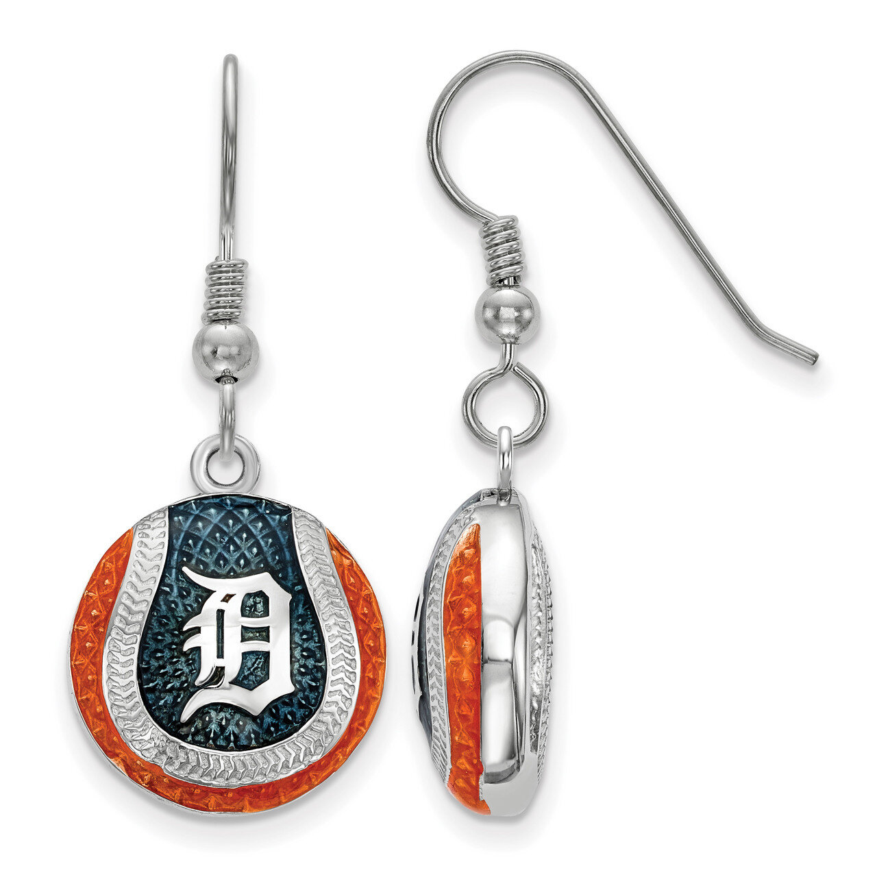 Detroit Tigers Enameled Baseball Dangle Earrings Sterling Silver SS521TIG
