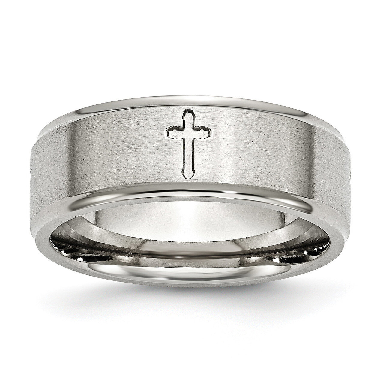 Cross 8mm Brushed and Polished Band Stainless Steel Ridged Edge SR109