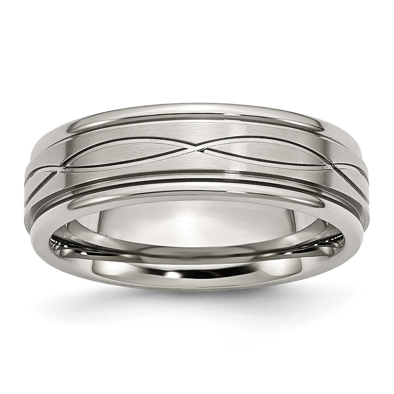 Stainless Steel Polished Brushed Criss-cross Design 7mm Ridged Edge Band Stainless Steel Polished S…