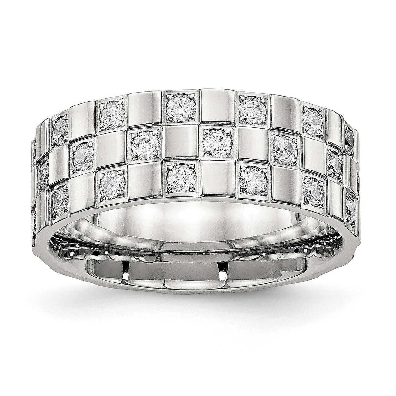 Checkered Board Diamond CZ Ring Stainless Steel Polished SR543