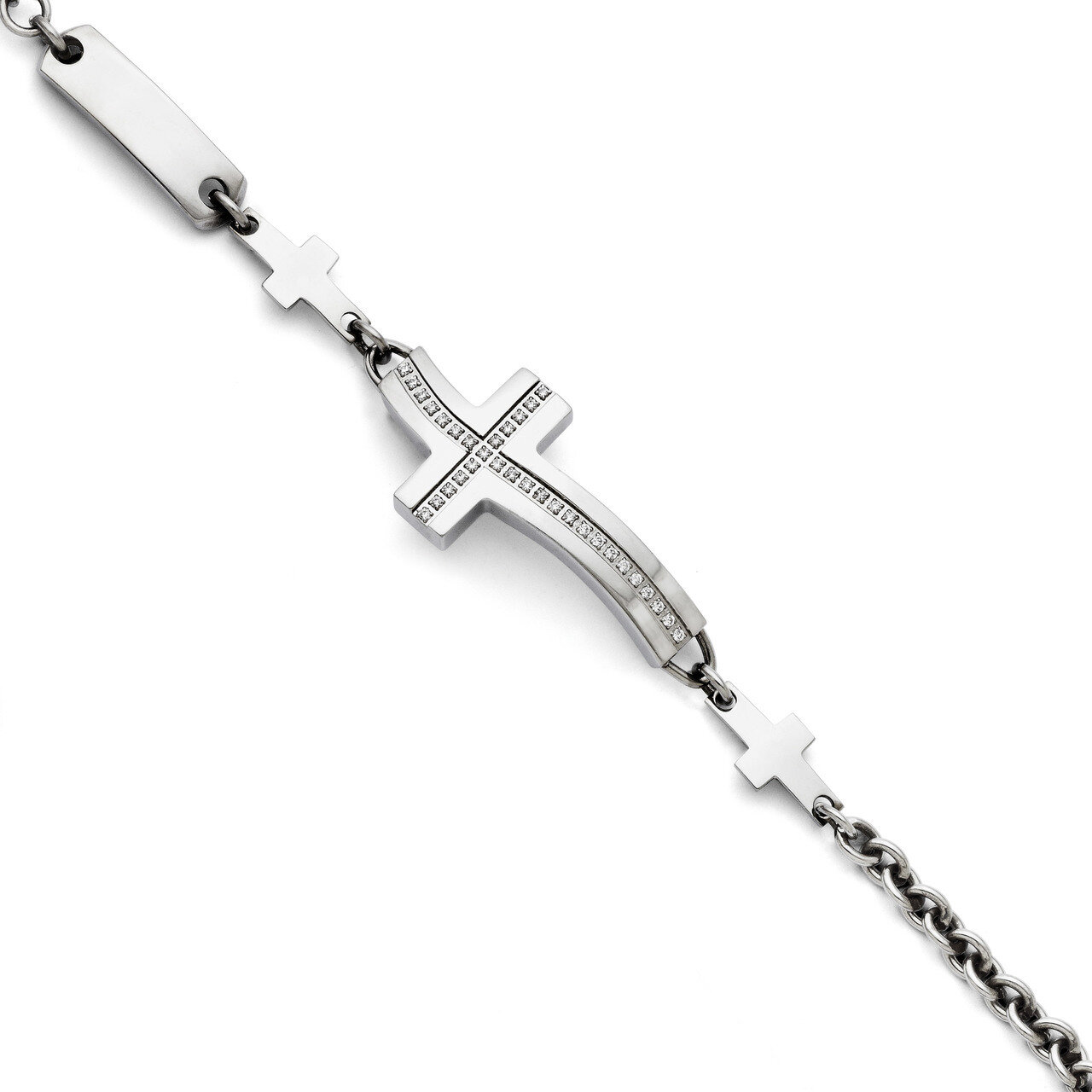 Wavy Diamond CZ Sideways Cross Bracelet Stainless Steel Polished SRB1303 by Chisel, MPN: SRB1303, 1…