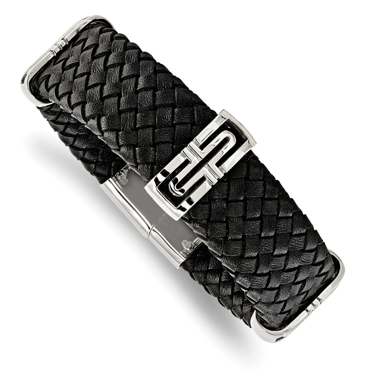 Genuine Leather Weaved 8.25 inch Bracelet Stainless Steel Polished SRB1792-8.25
