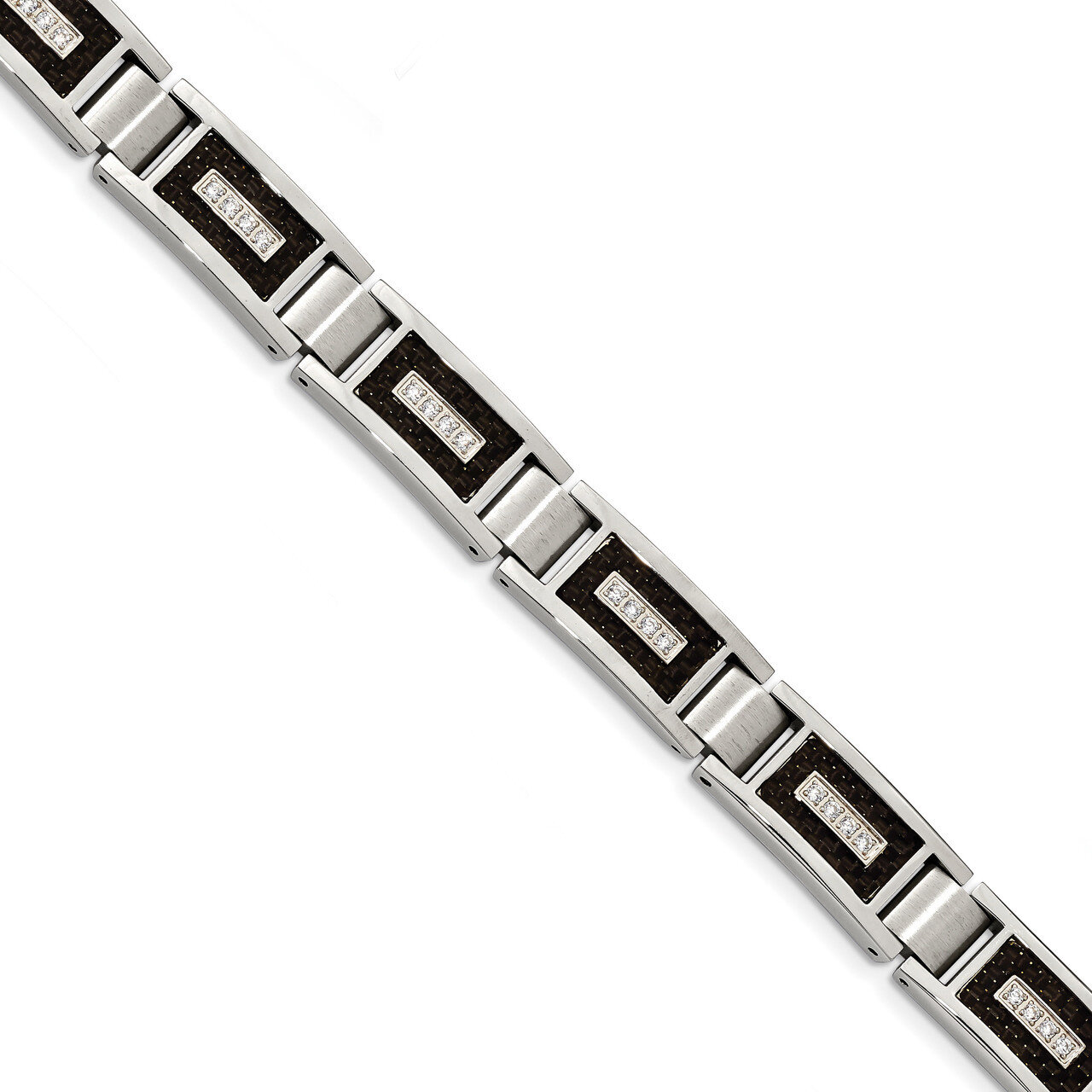 Diamond CZ Black Carbon Fiber Inlay Bracelet Stainless Steel Brushed & Polished SRB1795-8.75