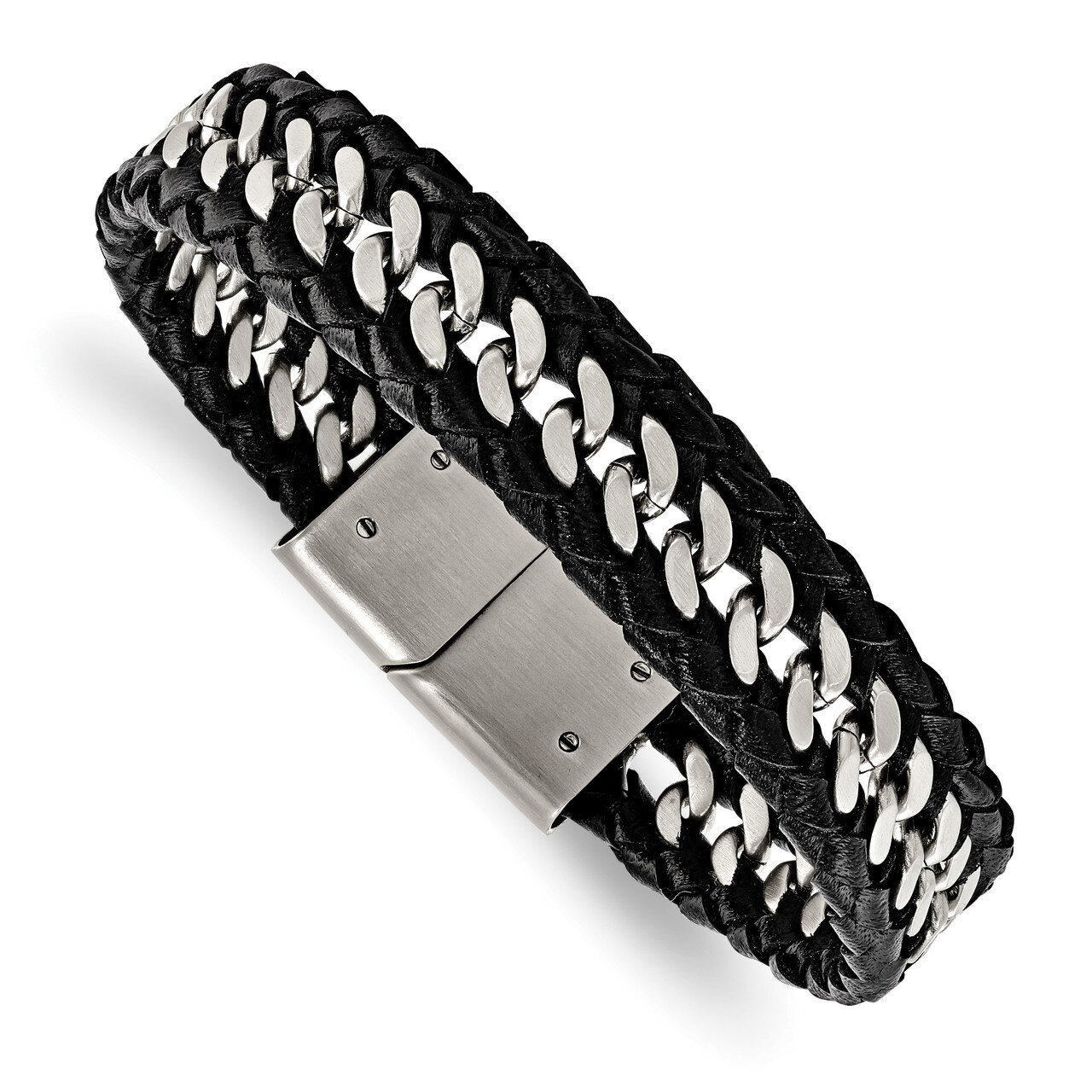 Black Leather Bracelet Stainless Steel Brushed SRB1811-8.5 by Chisel, MPN: SRB1811-8.5, 191101603440