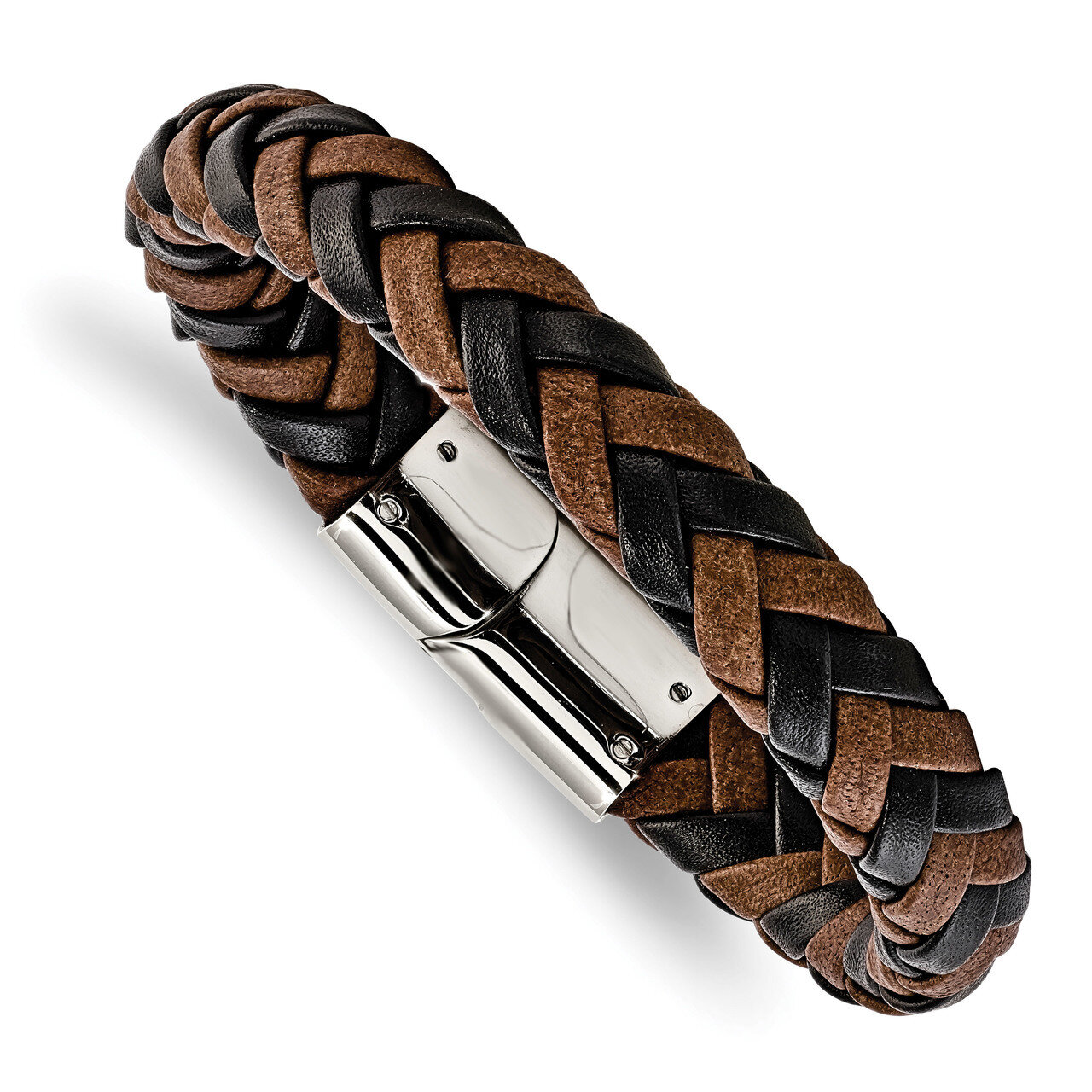 Black and Brown Leather 8.5 Inch Bracelet Stainless Steel Polished SRB1816-8.5 by Chisel, MPN: SRB1…