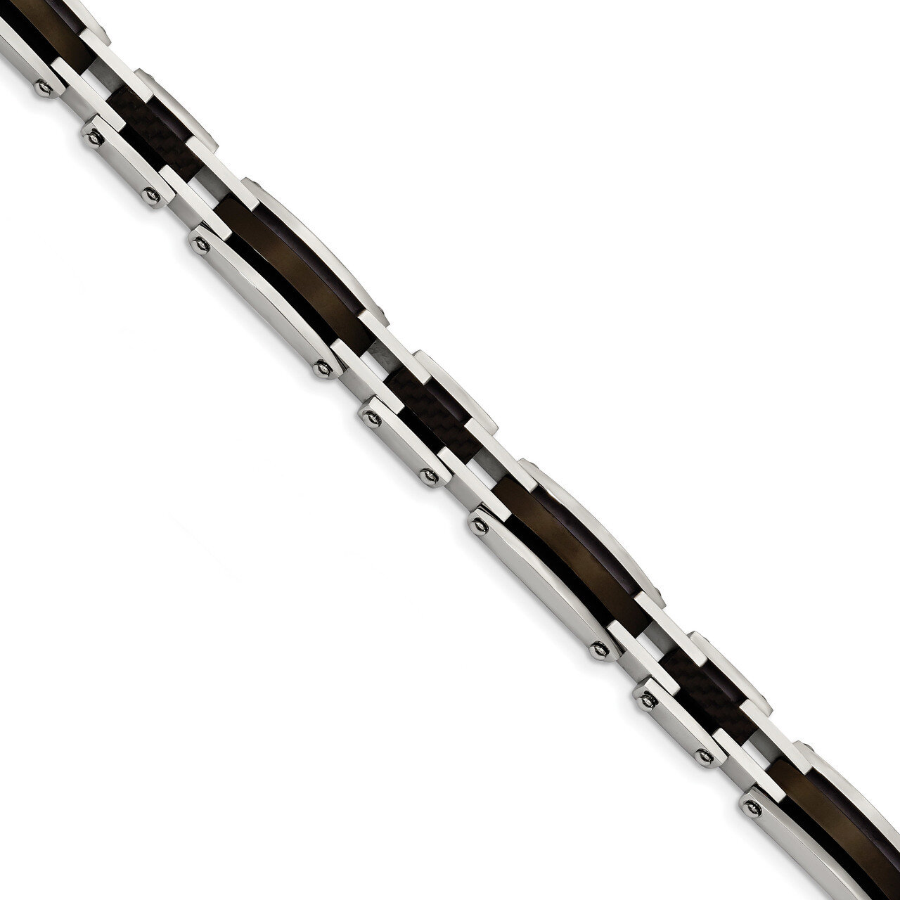 Blk IP-plated Solid Black Carbon Fiber Links Bracelet Stainless Steel Polished SRB1828-8.25
