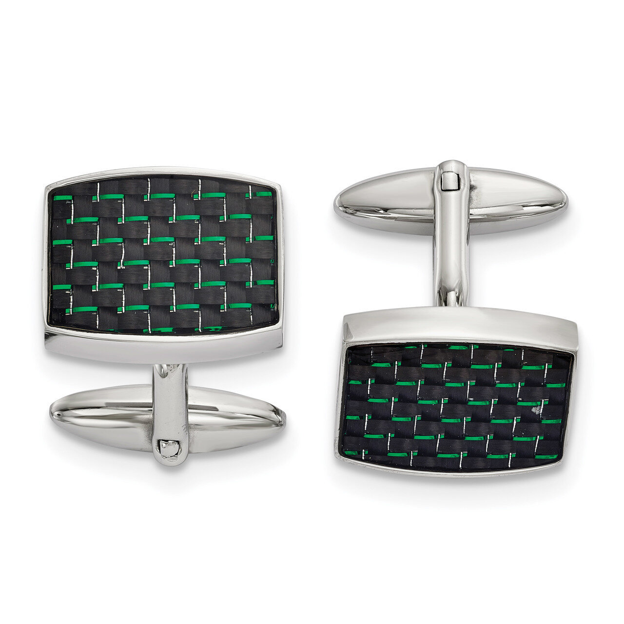 Black and Green Carbon Fiber Inlay Cufflinks Stainless Steel Polished SRC391