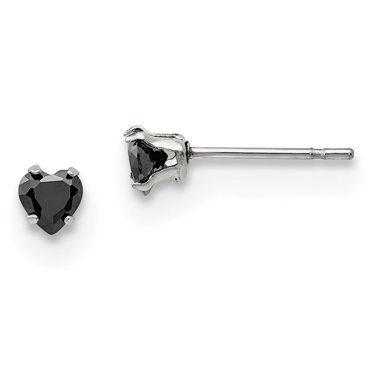 4mm Black Heart Diamond CZ Stud Post Earrings Stainless Steel Polished SRE1080