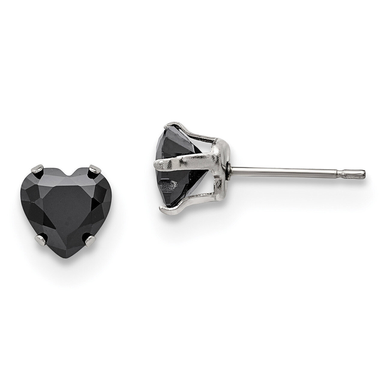 7mm Black Heart Diamond CZ Stud Post Earrings Stainless Steel Polished SRE1083