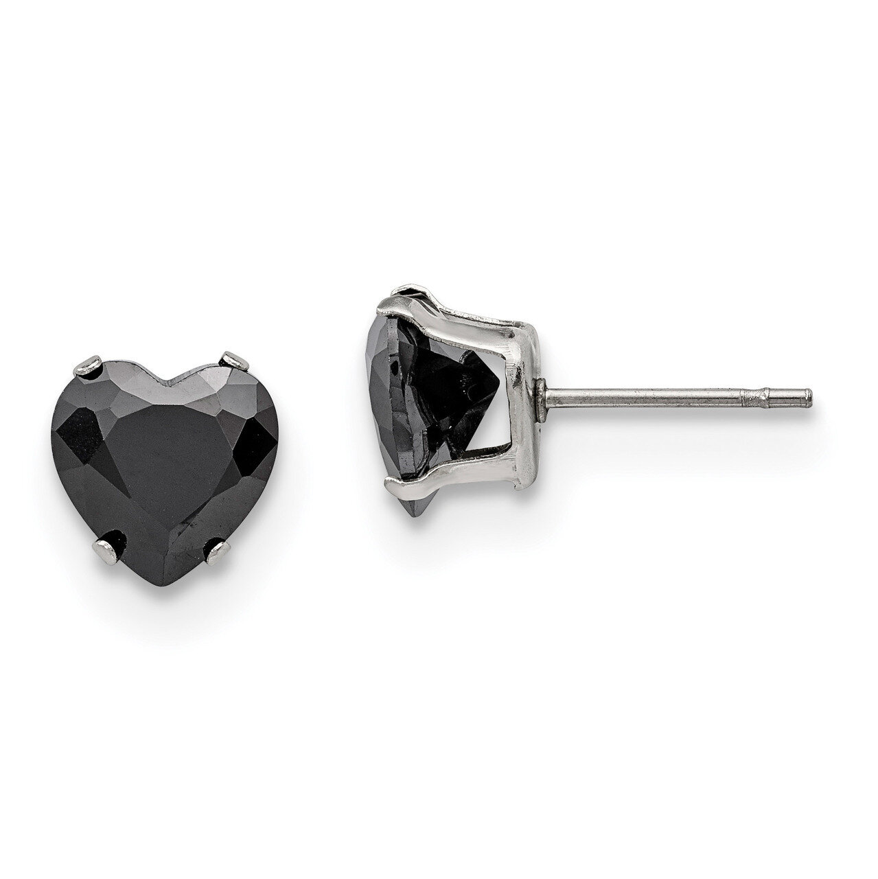 8mm Black Heart Diamond CZ Stud Post Earrings Stainless Steel Polished SRE1084
