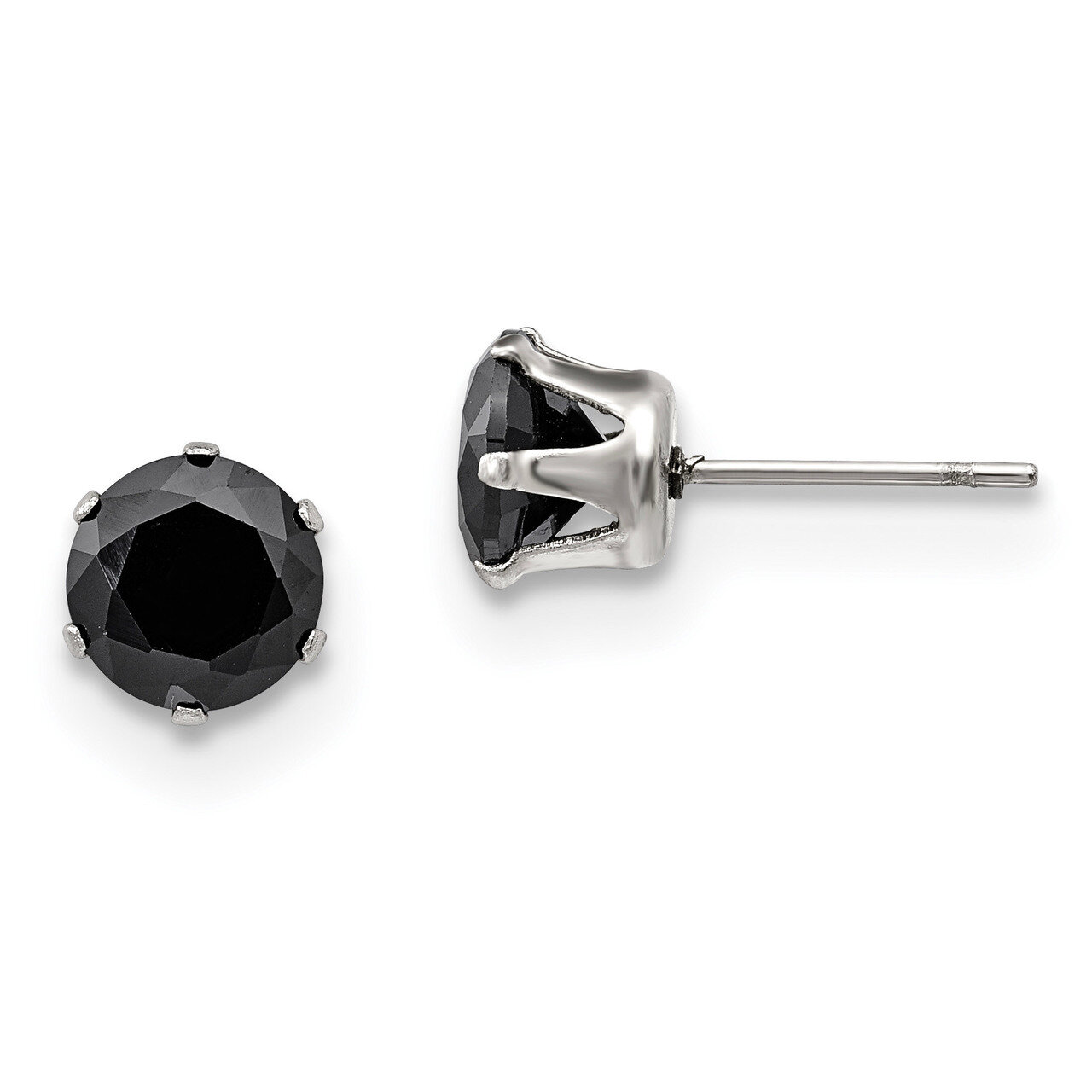 7mm Black Round Diamond CZ Stud Post Earrings Stainless Steel Polished SRE1094