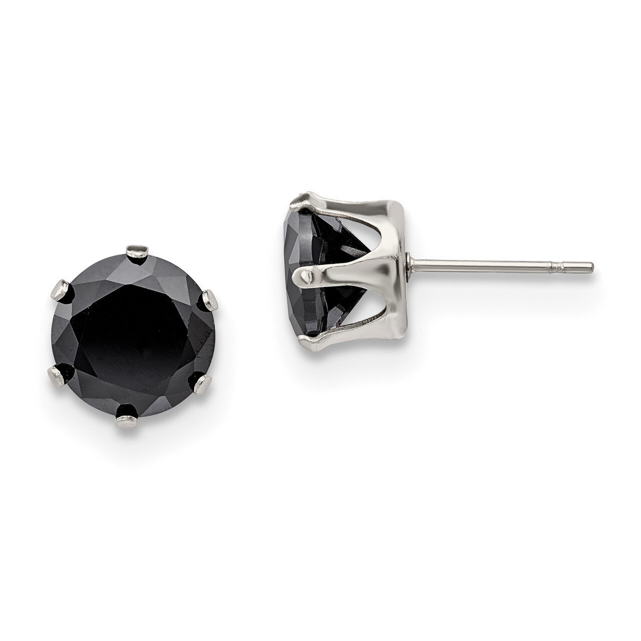 9mm Black Round Diamond CZ Stud Post Earrings Stainless Steel Polished SRE1096