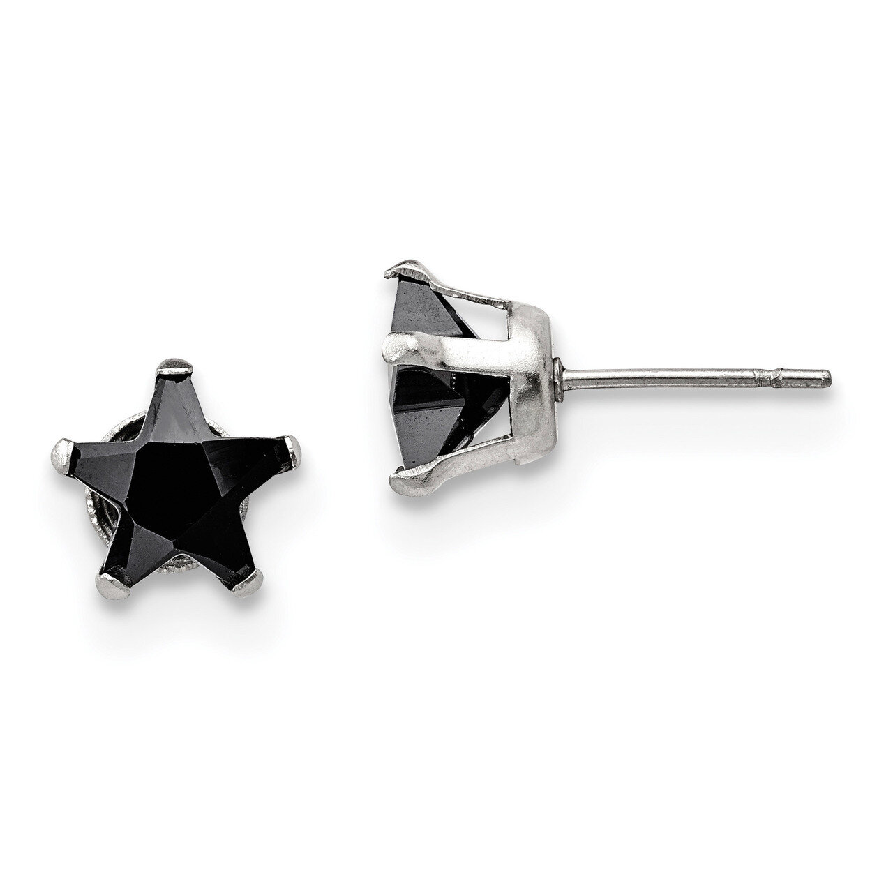 8mm Black Star Diamond CZ Stud Post Earrings Stainless Steel Polished SRE1127