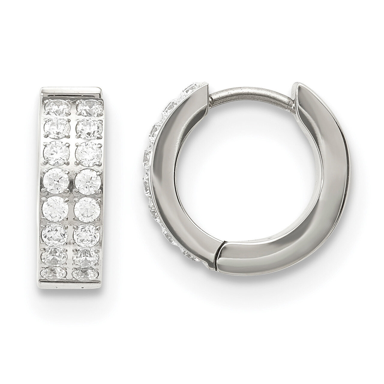 2 Rows of Diamond CZ Hinged Hoop Earrings Stainless Steel Polished SRE1142 by Chisel, MPN: SRE1142,…