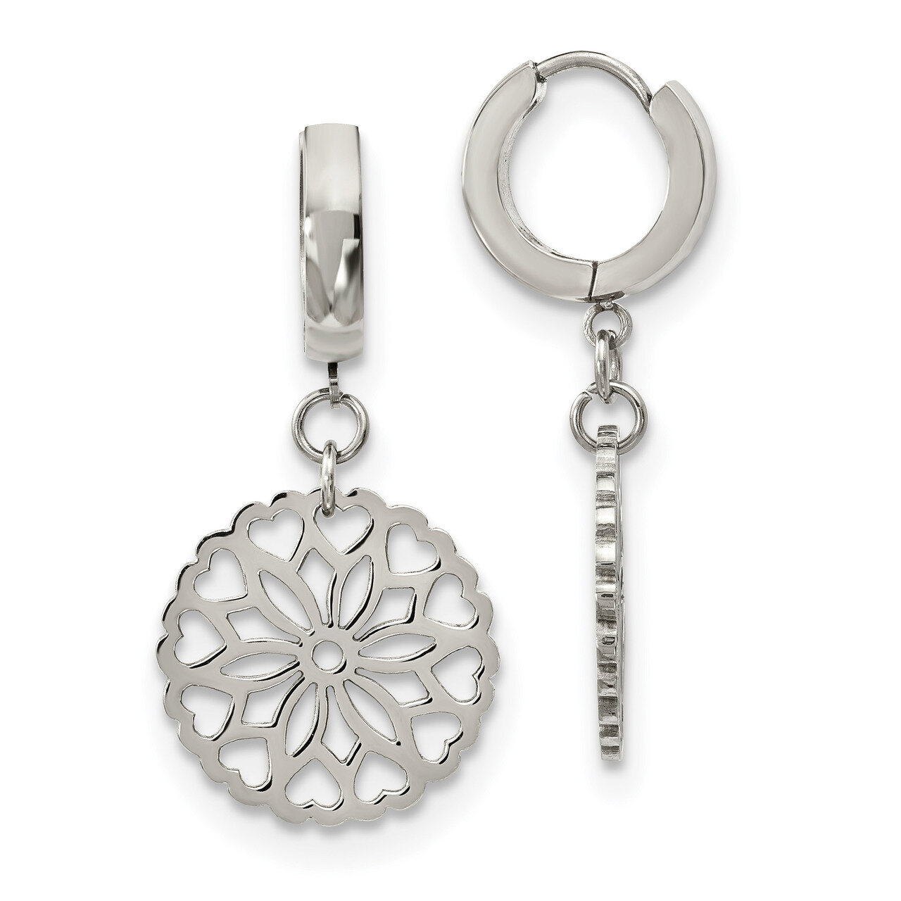 Flower Hinged Hoop Dangle Earrings Stainless Steel Polished SRE1200 by Chisel, MPN: SRE1200, 191101…