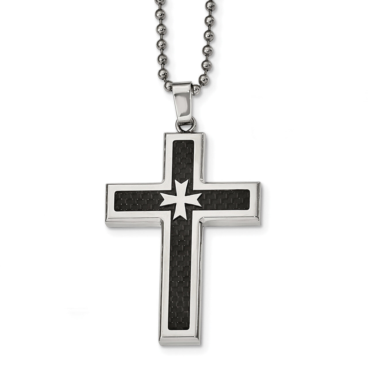 Black Carbon Fiber Inlay Cross Necklace Stainless Steel Polished SRN2302-22