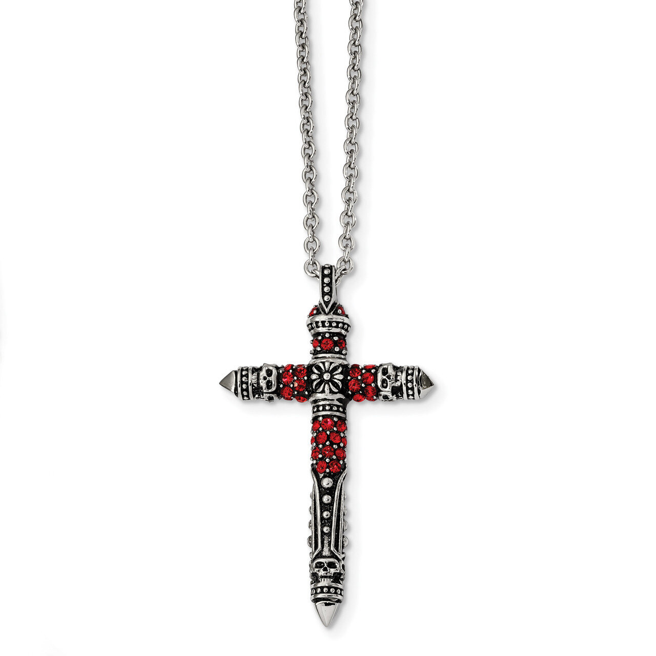 Red Crystal Cross Pendant Stainless Steel Antiqued and Polished SRN2343-22 by Chisel, MPN: SRN2343-…